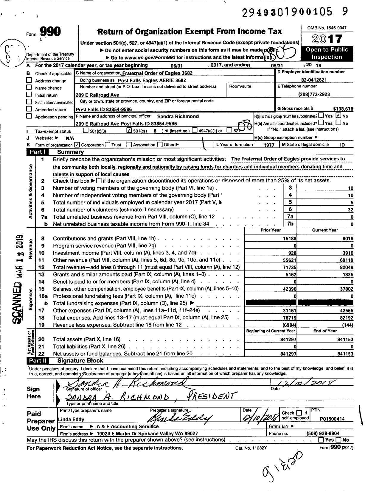 Image of first page of 2017 Form 990O for Fraternal Order of Eagles 3682