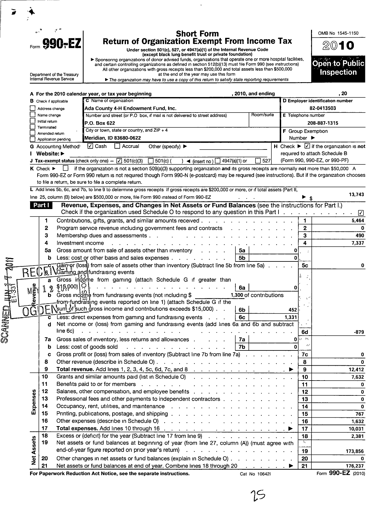 Image of first page of 2010 Form 990EZ for Ada County 4-H Endowment Fund