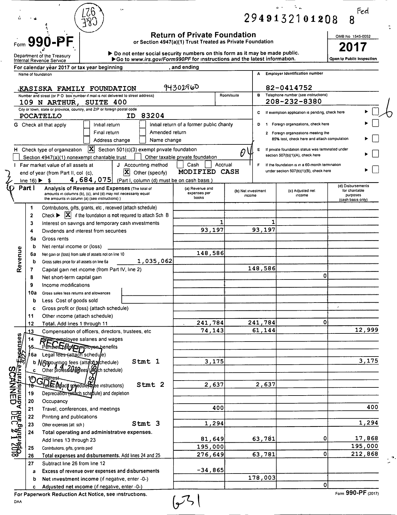 Image of first page of 2017 Form 990PF for Kasiska Family Foundation