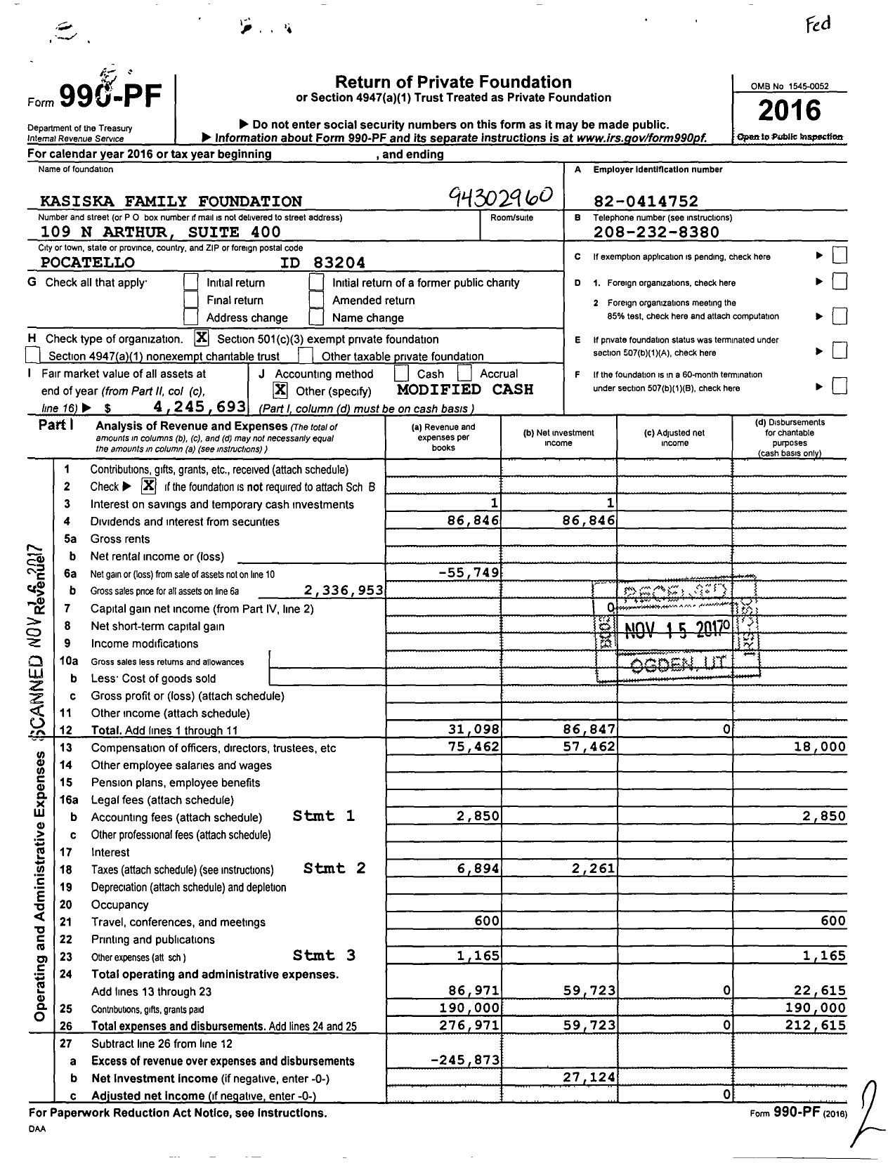 Image of first page of 2016 Form 990PF for Kasiska Family Foundation