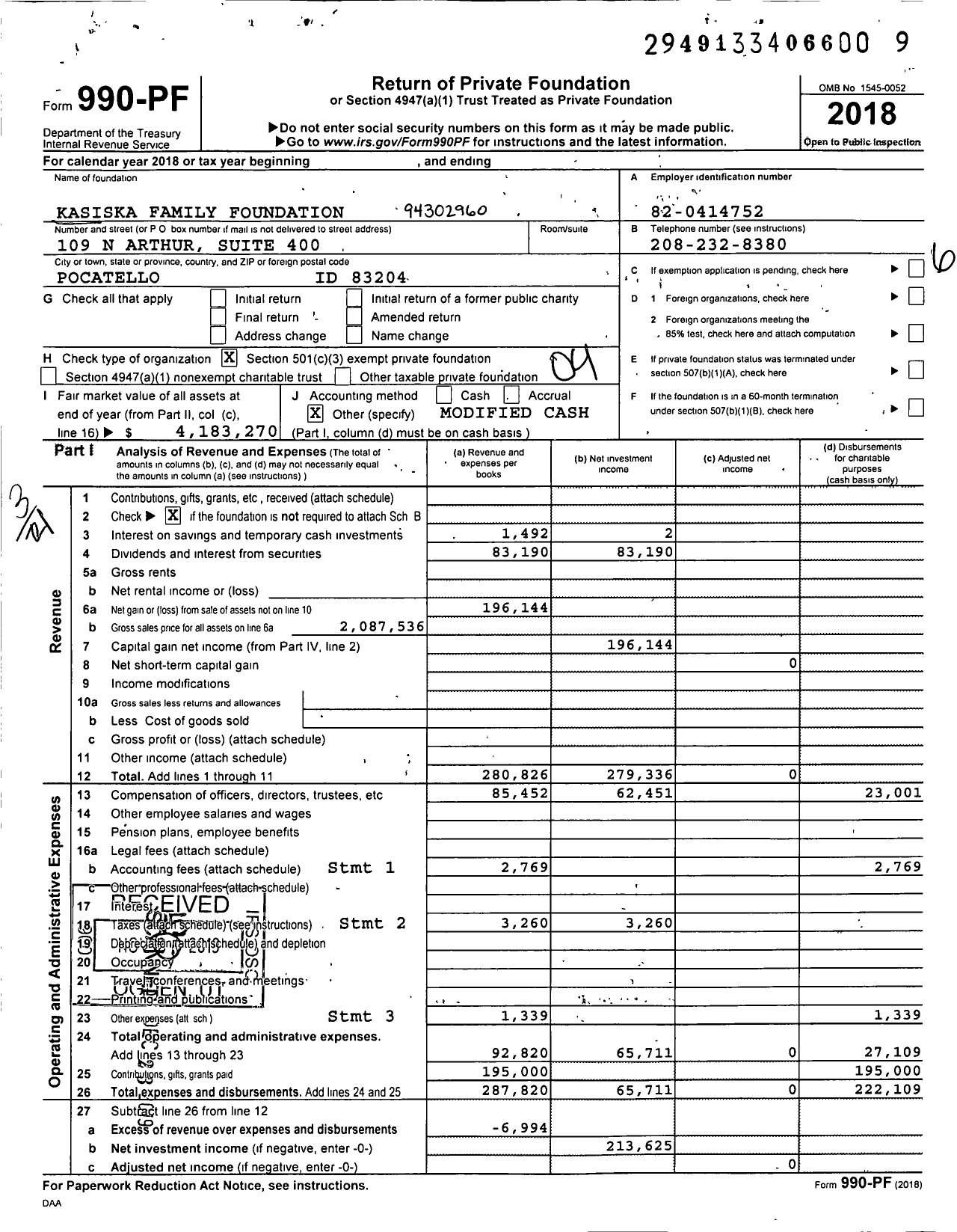 Image of first page of 2018 Form 990PF for Kasiska Family Foundation