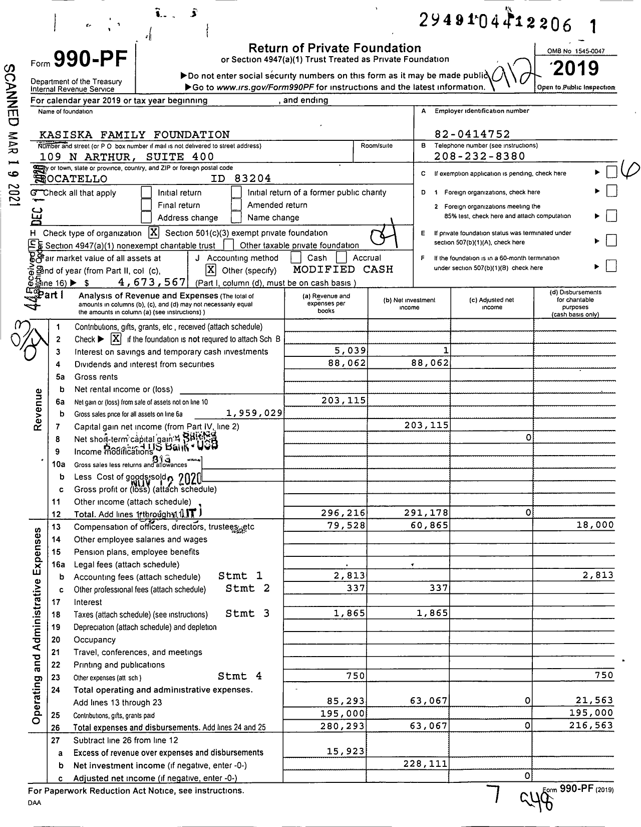 Image of first page of 2019 Form 990PF for Kasiska Family Foundation