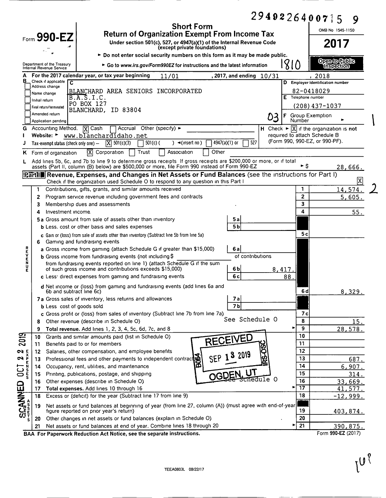 Image of first page of 2017 Form 990EZ for Blanchard Area Seniors Incorporated