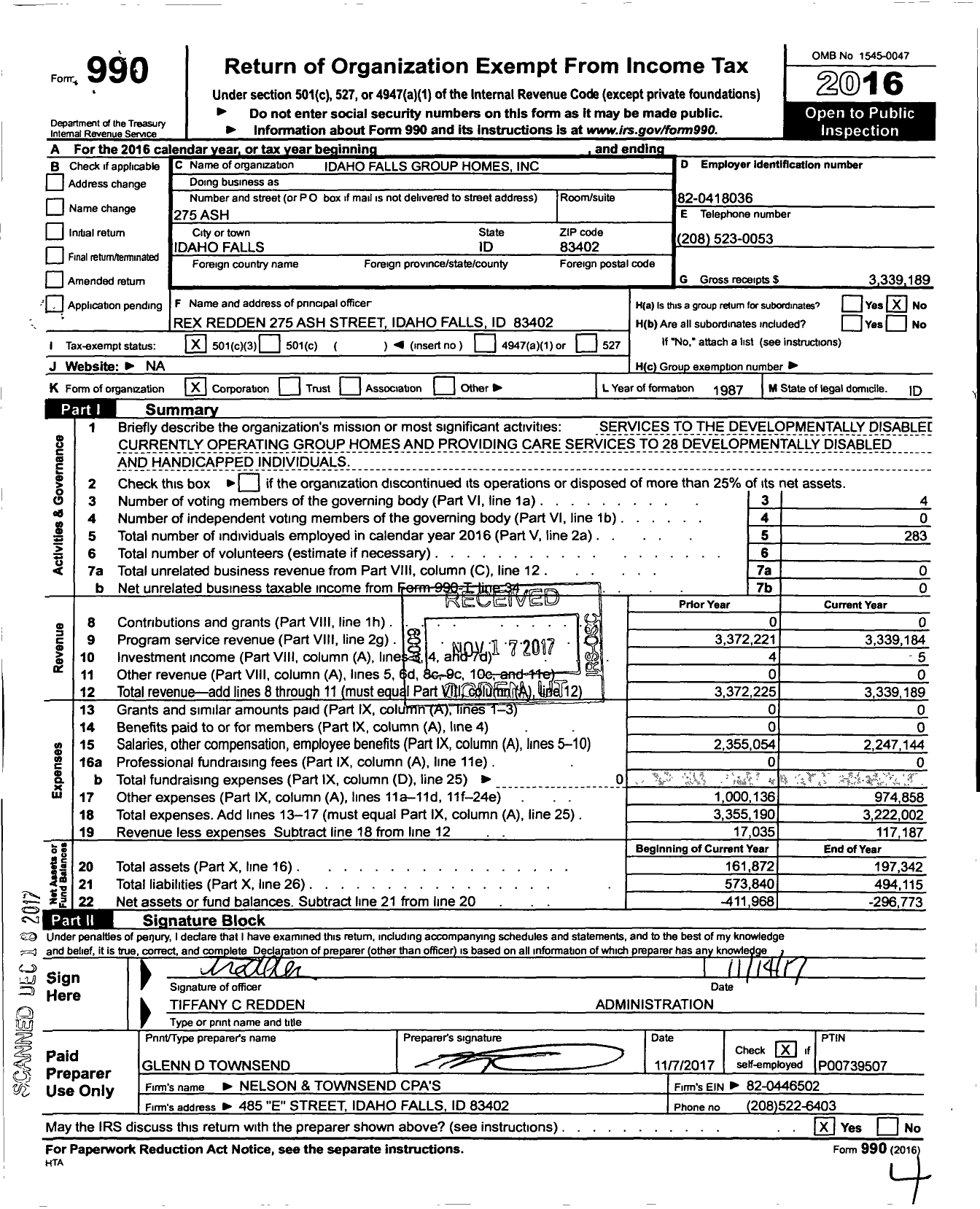 Image of first page of 2016 Form 990 for Idaho Falls Group Homes