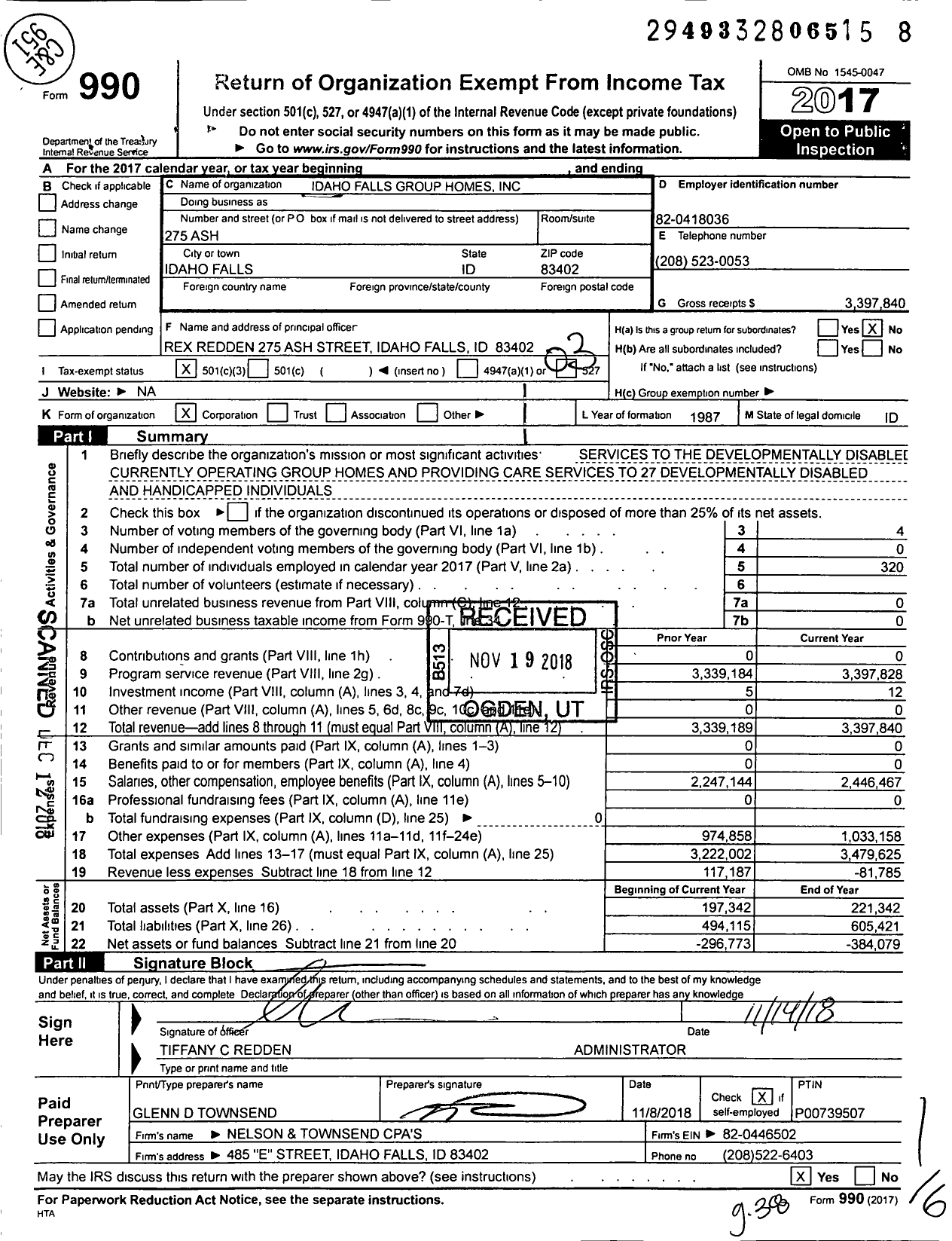 Image of first page of 2017 Form 990 for Idaho Falls Group Homes