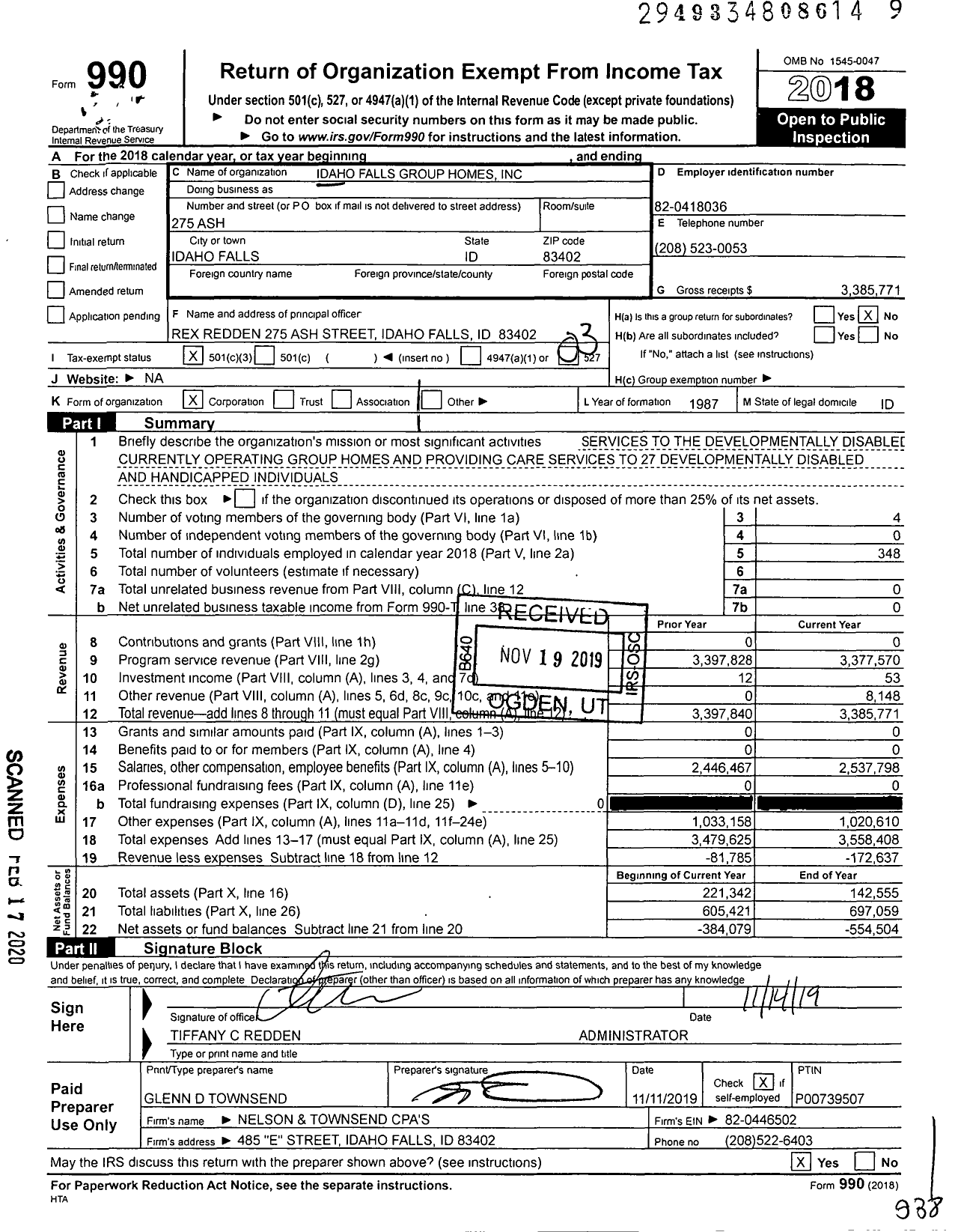 Image of first page of 2018 Form 990 for Idaho Falls Group Homes