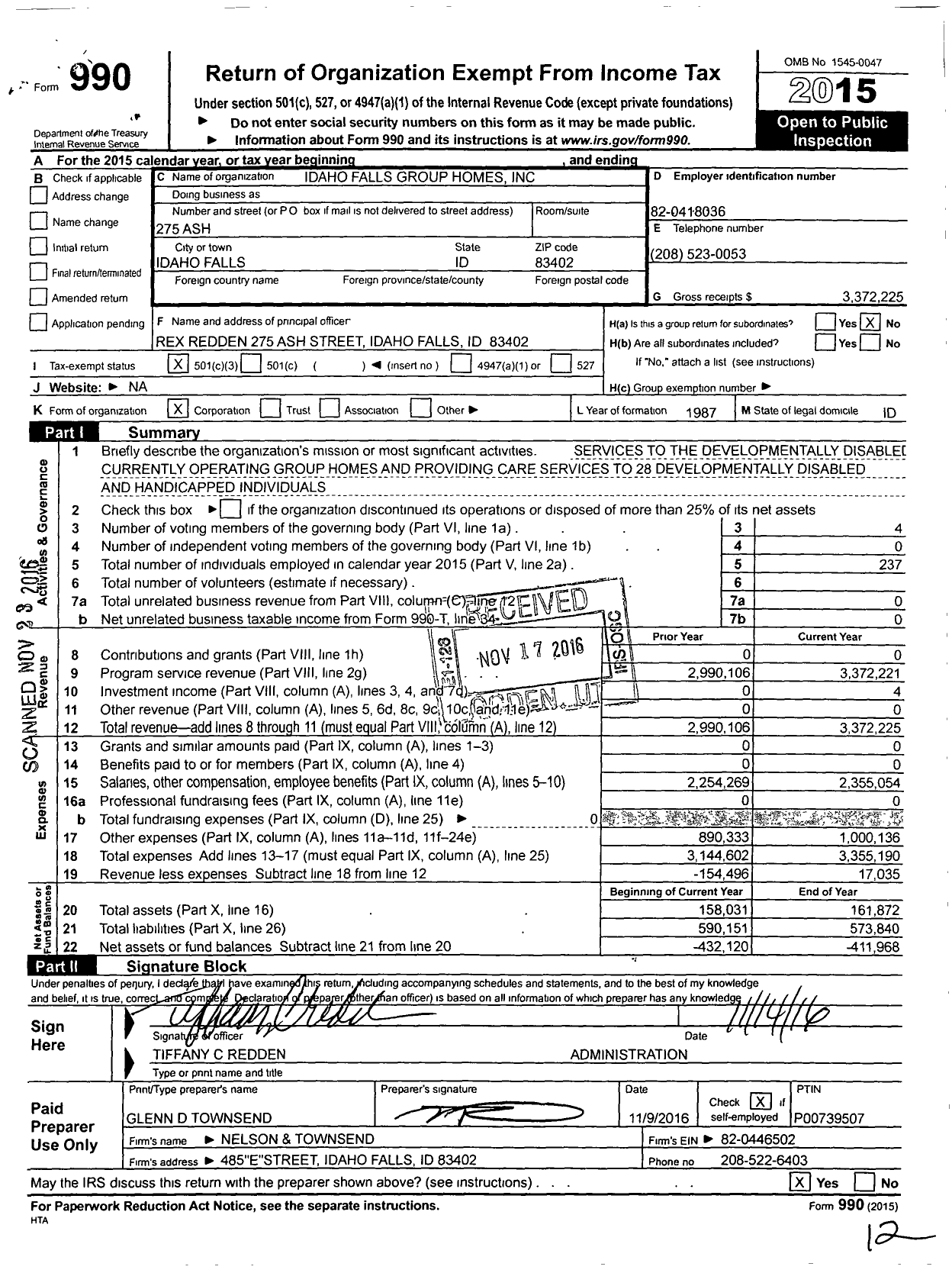 Image of first page of 2015 Form 990 for Idaho Falls Group Homes