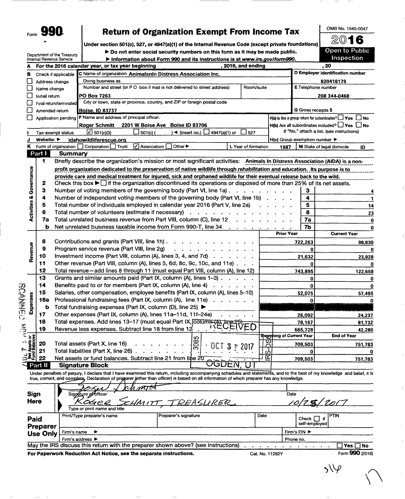 Image of first page of 2016 Form 990 for Animals in Distress Association