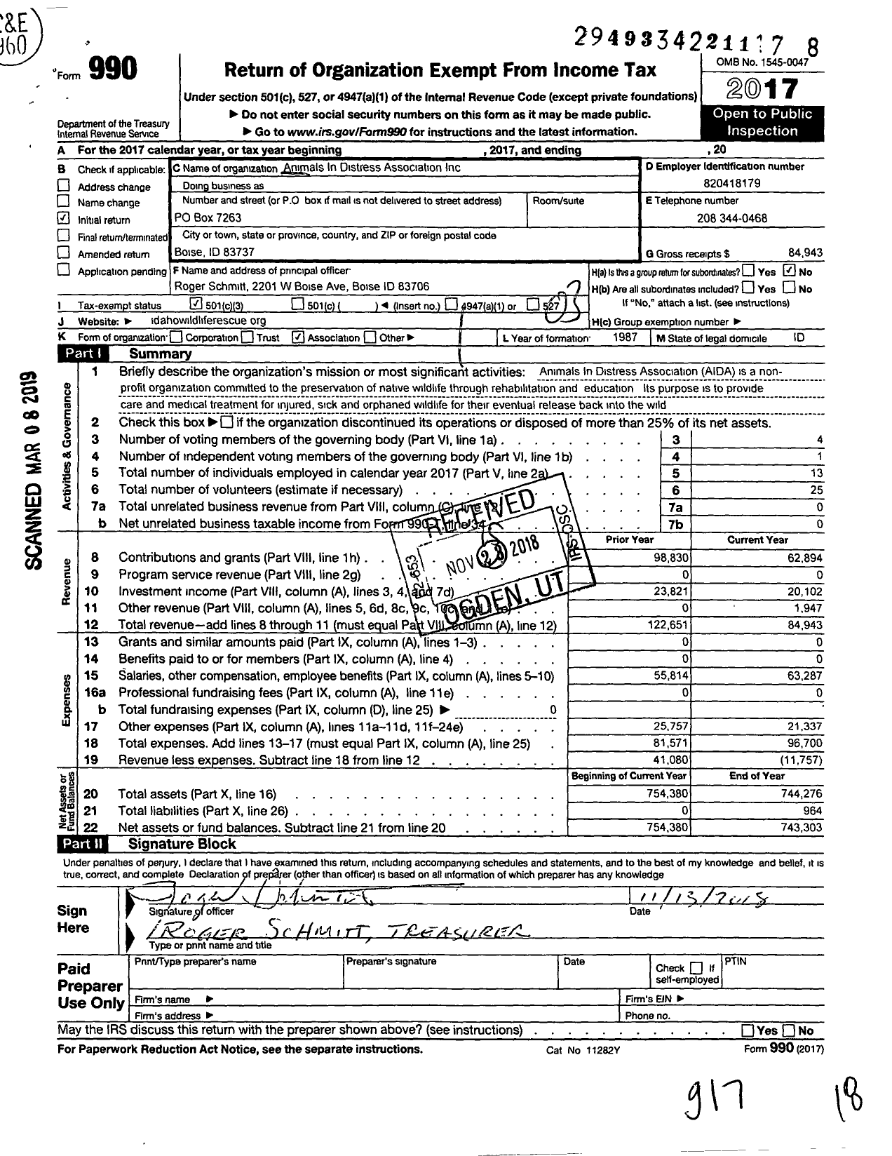 Image of first page of 2017 Form 990 for Animals in Distress Association