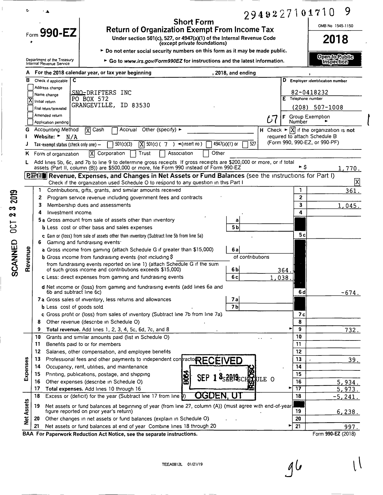 Image of first page of 2018 Form 990EO for Sno-Drifters