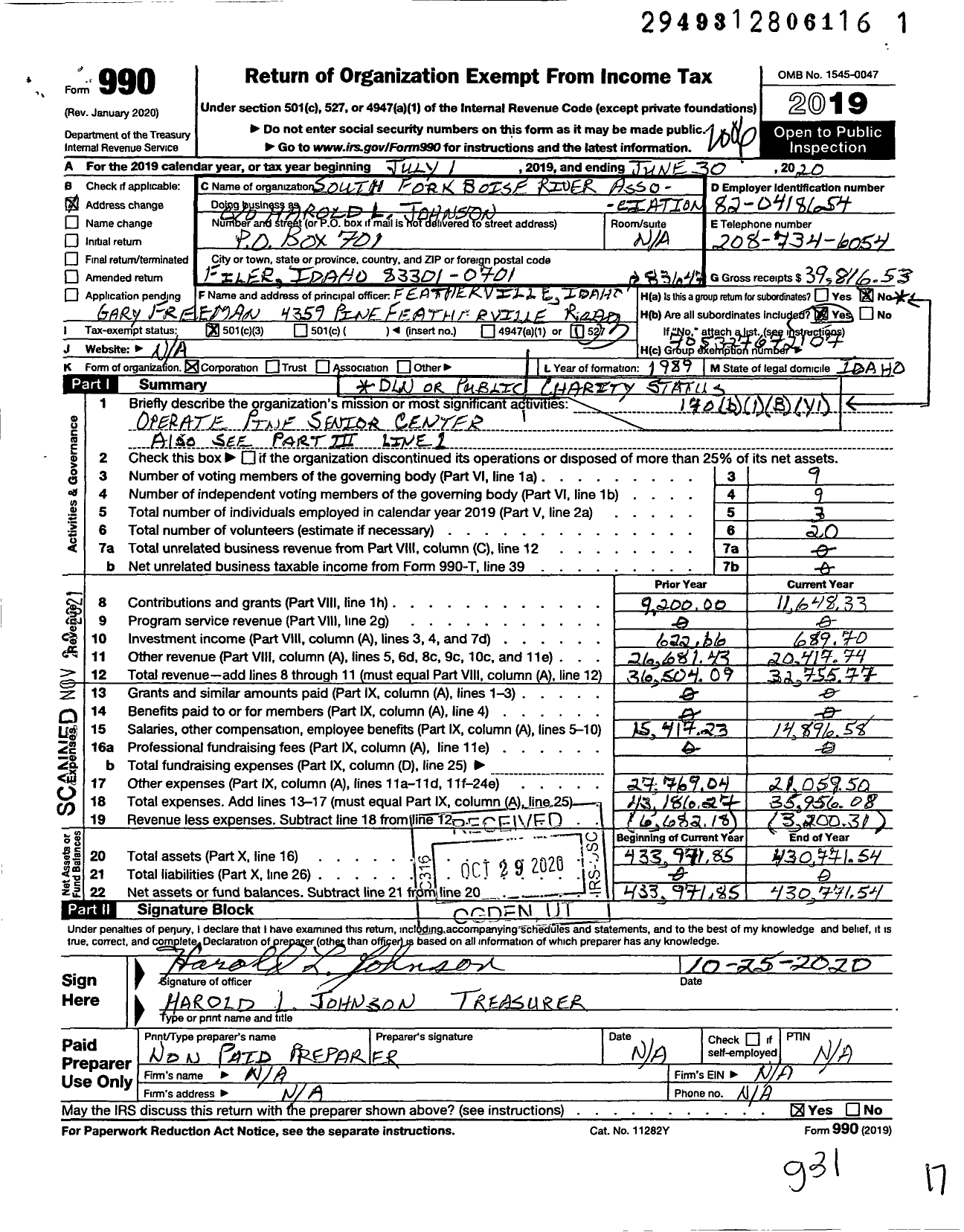 Image of first page of 2019 Form 990 for South Fork Boise River Association