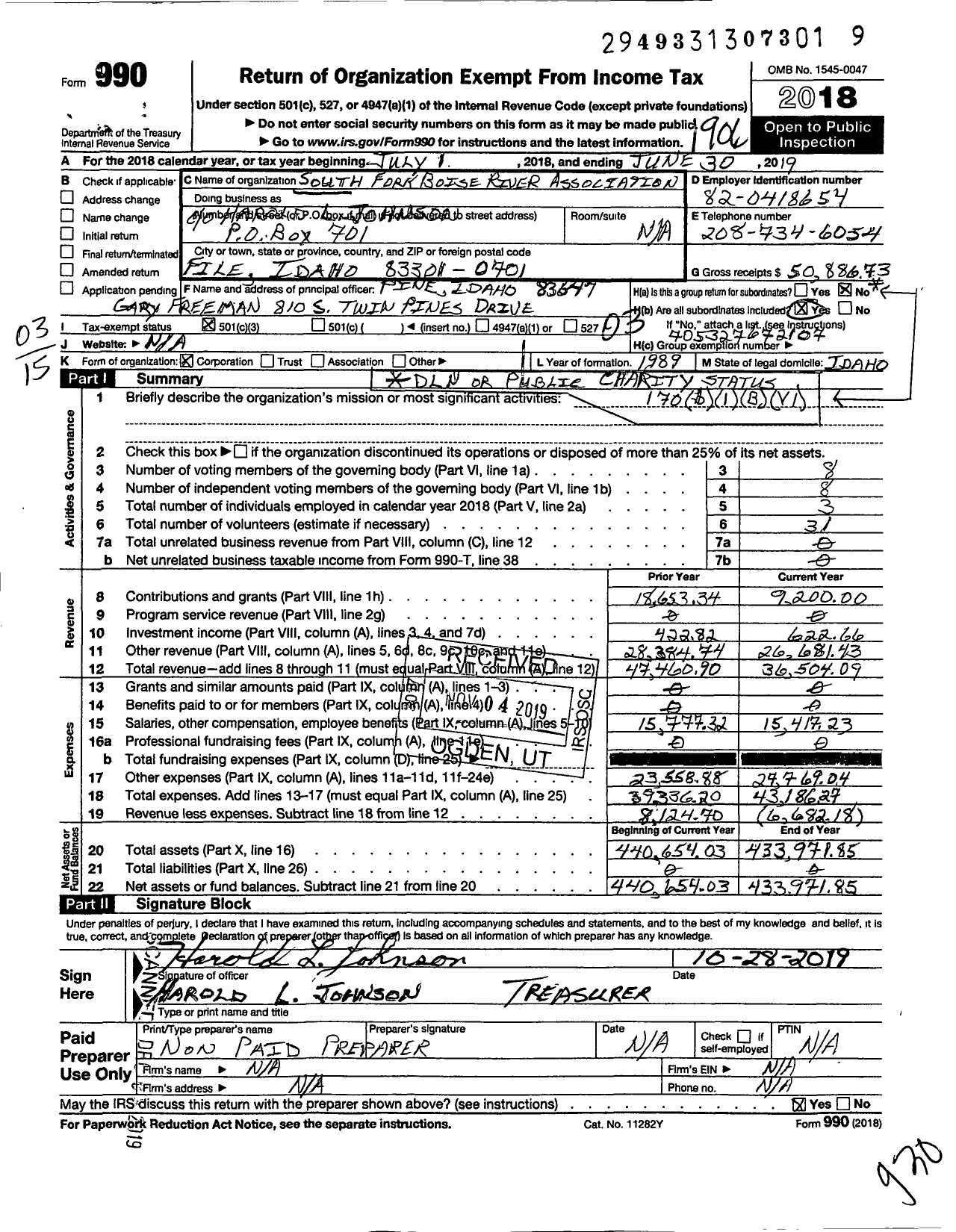 Image of first page of 2018 Form 990 for South Fork Boise River Association