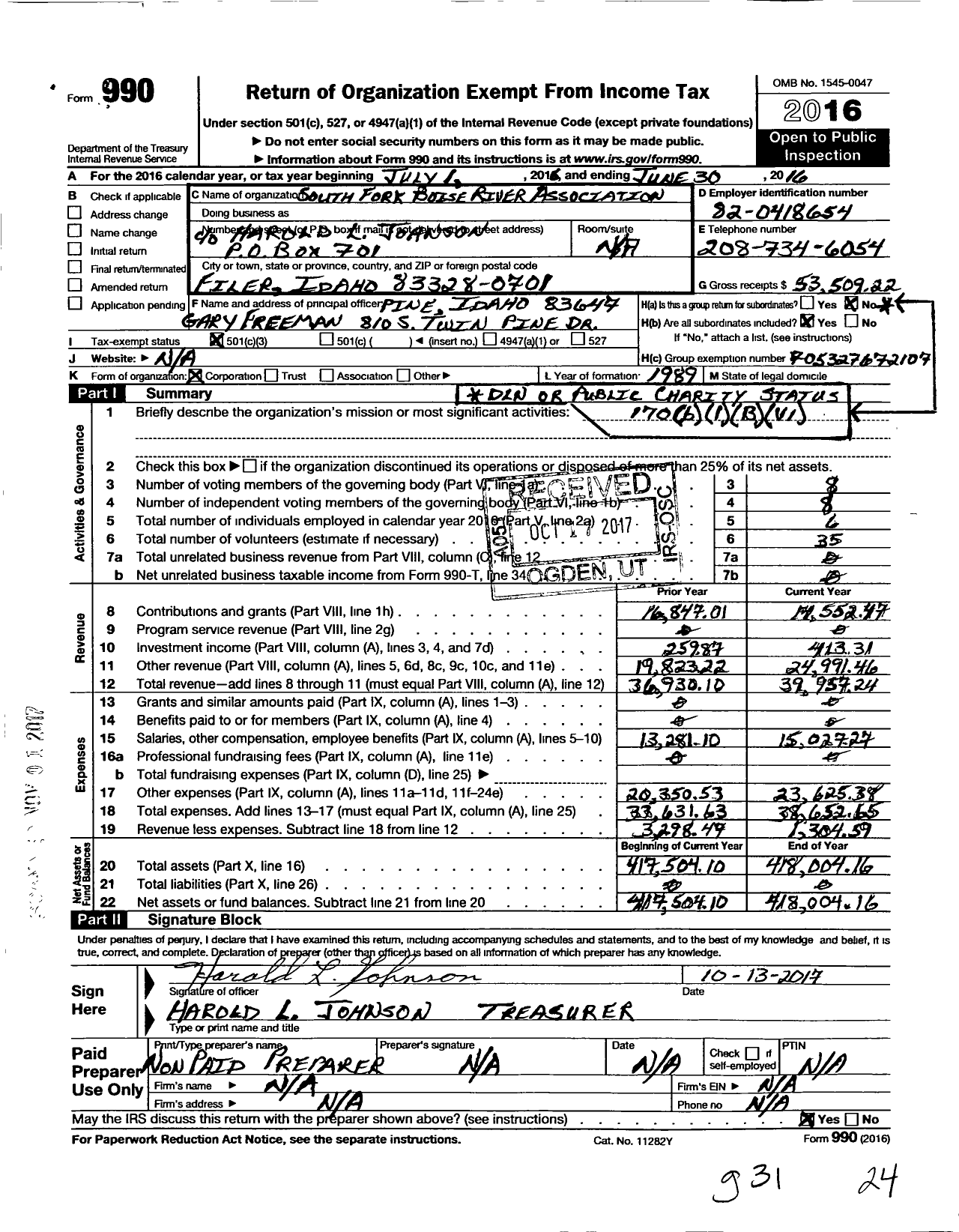 Image of first page of 2015 Form 990 for South Fork Boise River Association