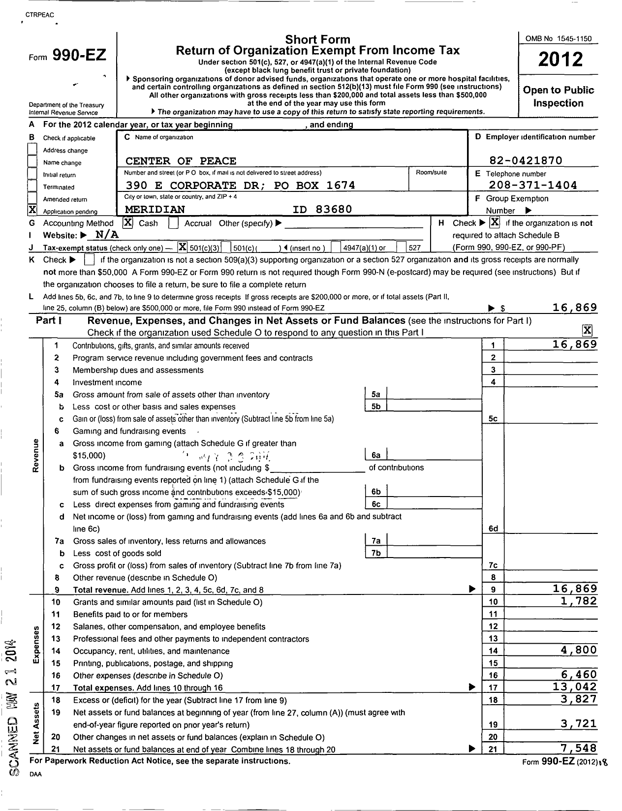 Image of first page of 2012 Form 990EZ for Center of Peace