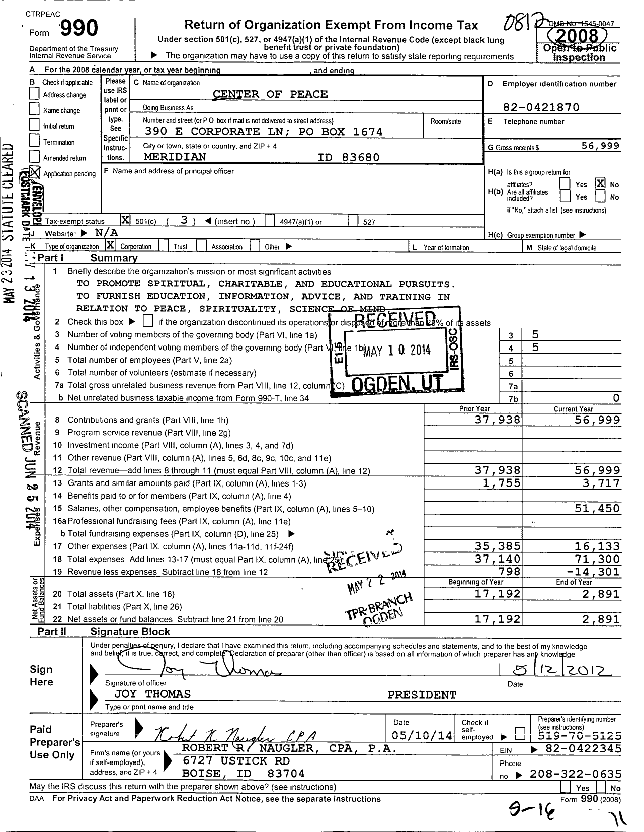 Image of first page of 2008 Form 990 for Center of Peace