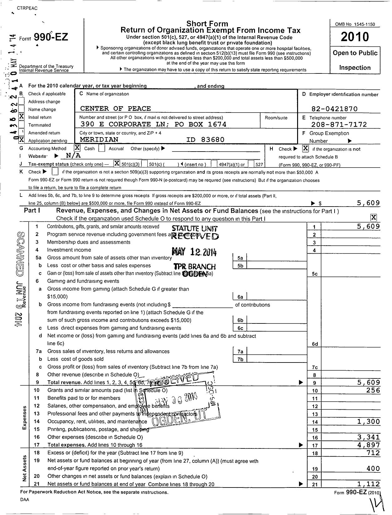 Image of first page of 2010 Form 990EZ for Center of Peace