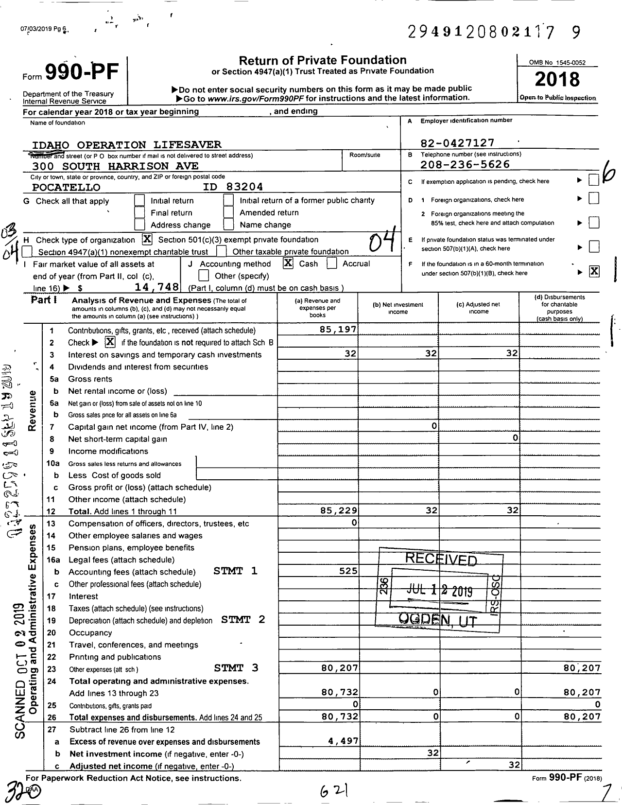 Image of first page of 2018 Form 990PF for Idaho Operation Lifesaver