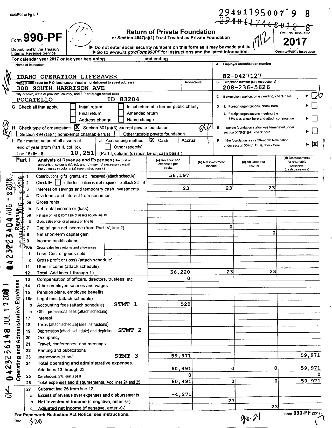 Image of first page of 2017 Form 990PF for Idaho Operation Lifesaver