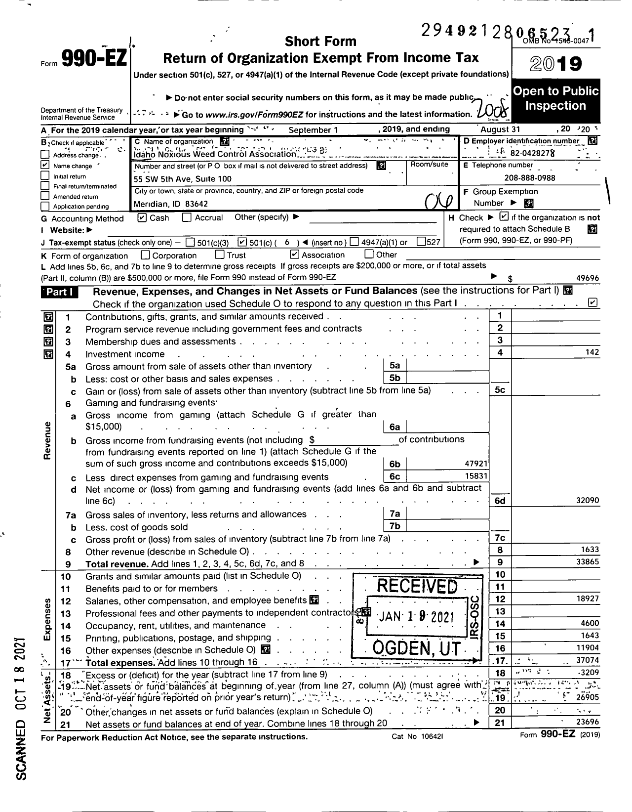 Image of first page of 2019 Form 990EO for Idaho Weed Control Association