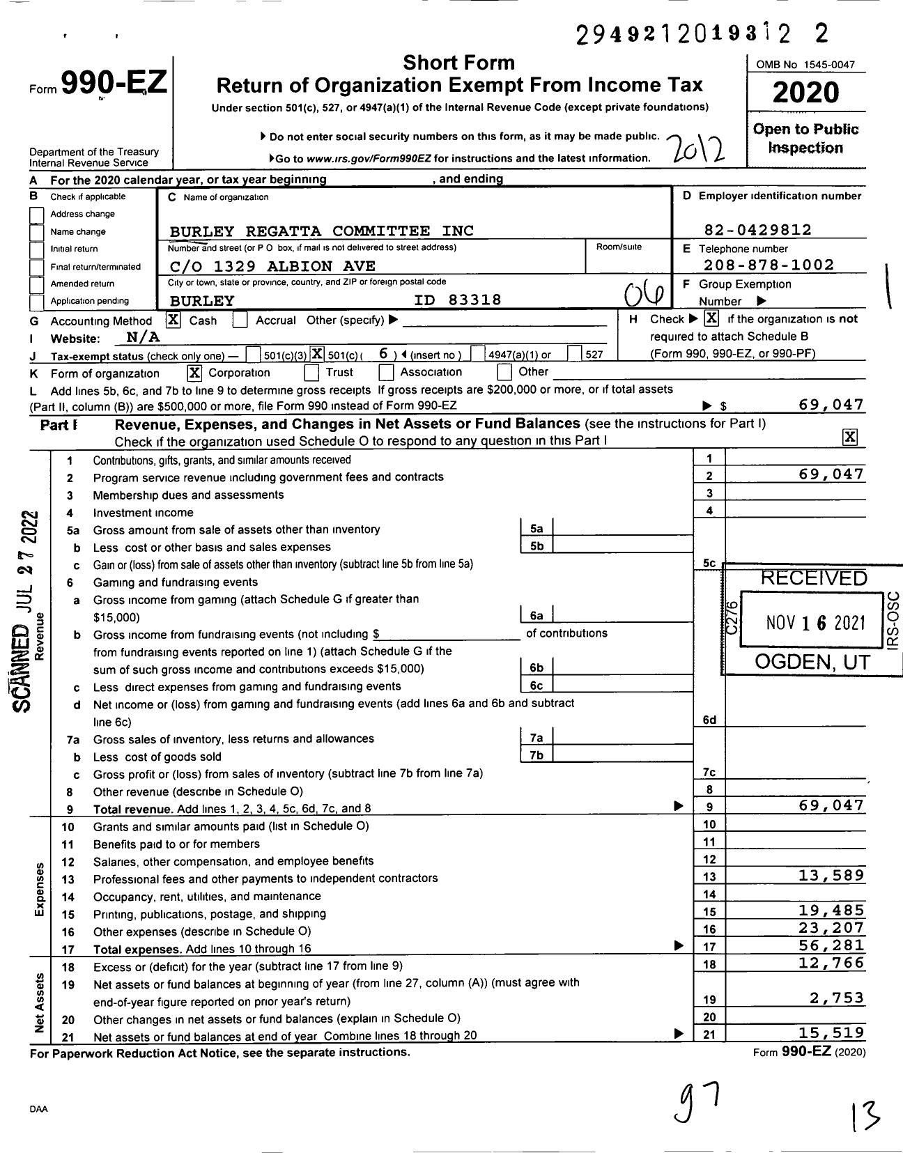 Image of first page of 2020 Form 990EO for Burley Regatta Committee