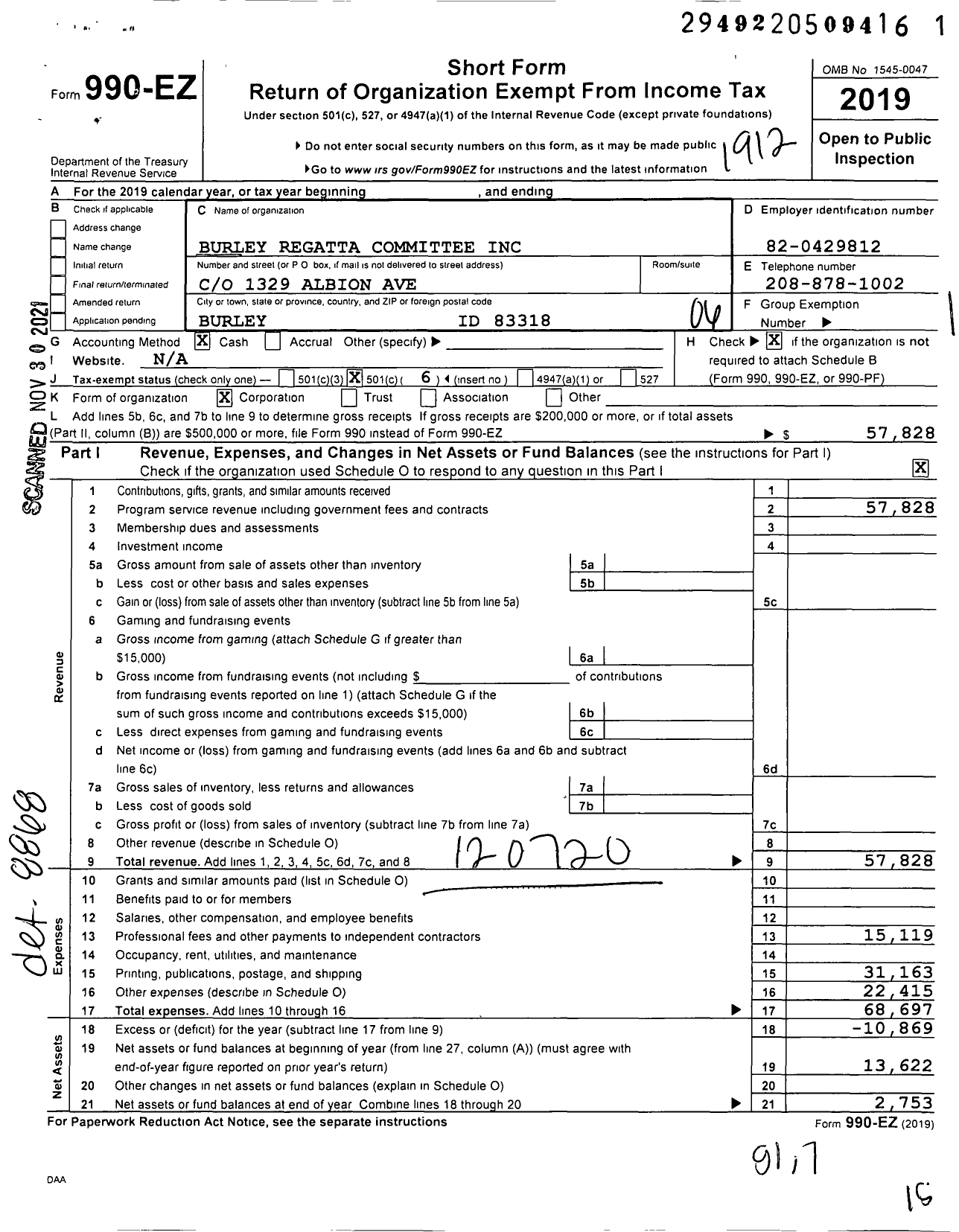 Image of first page of 2019 Form 990EO for Burley Regatta Committee