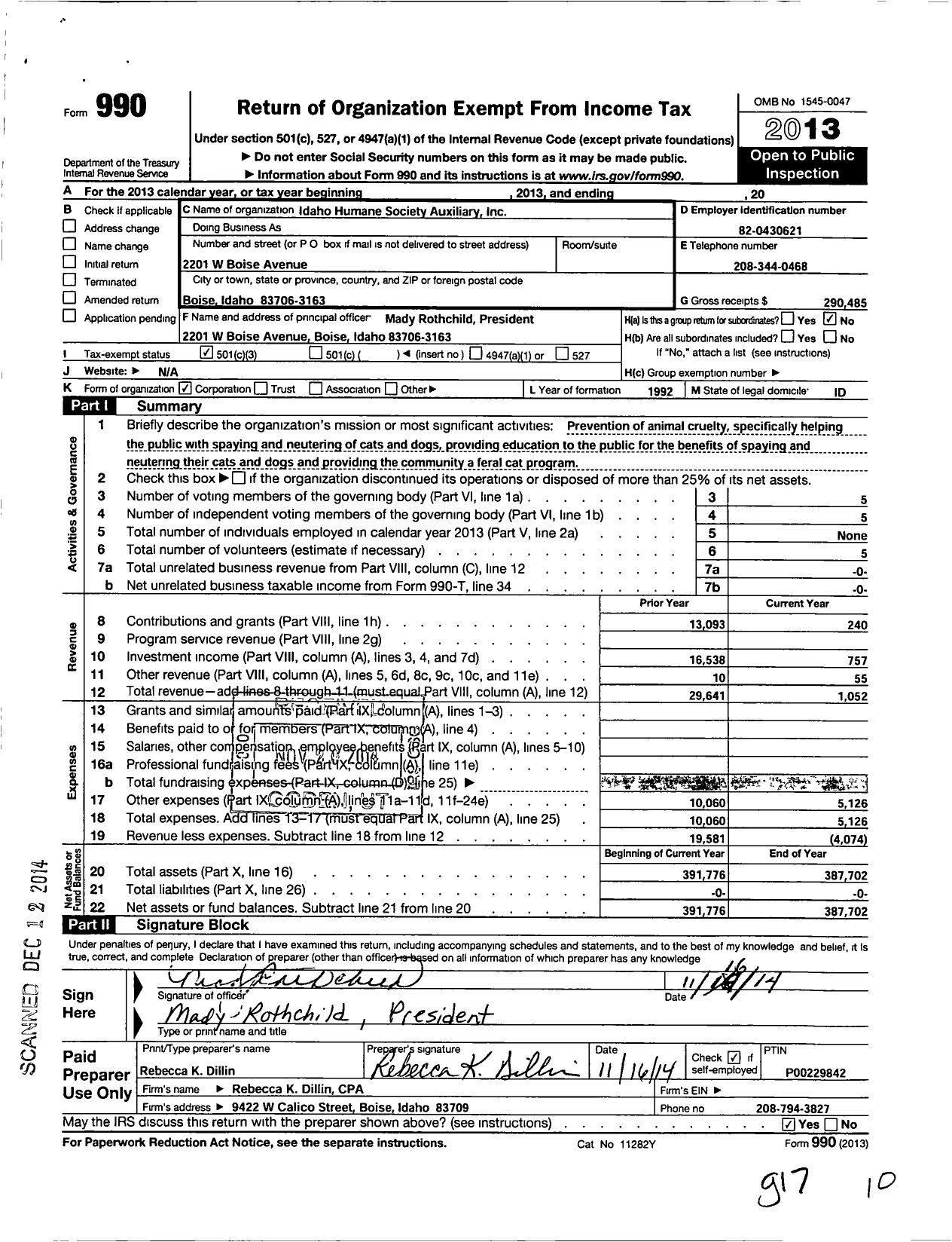 Image of first page of 2013 Form 990 for Idaho Humane Society Auxiliary