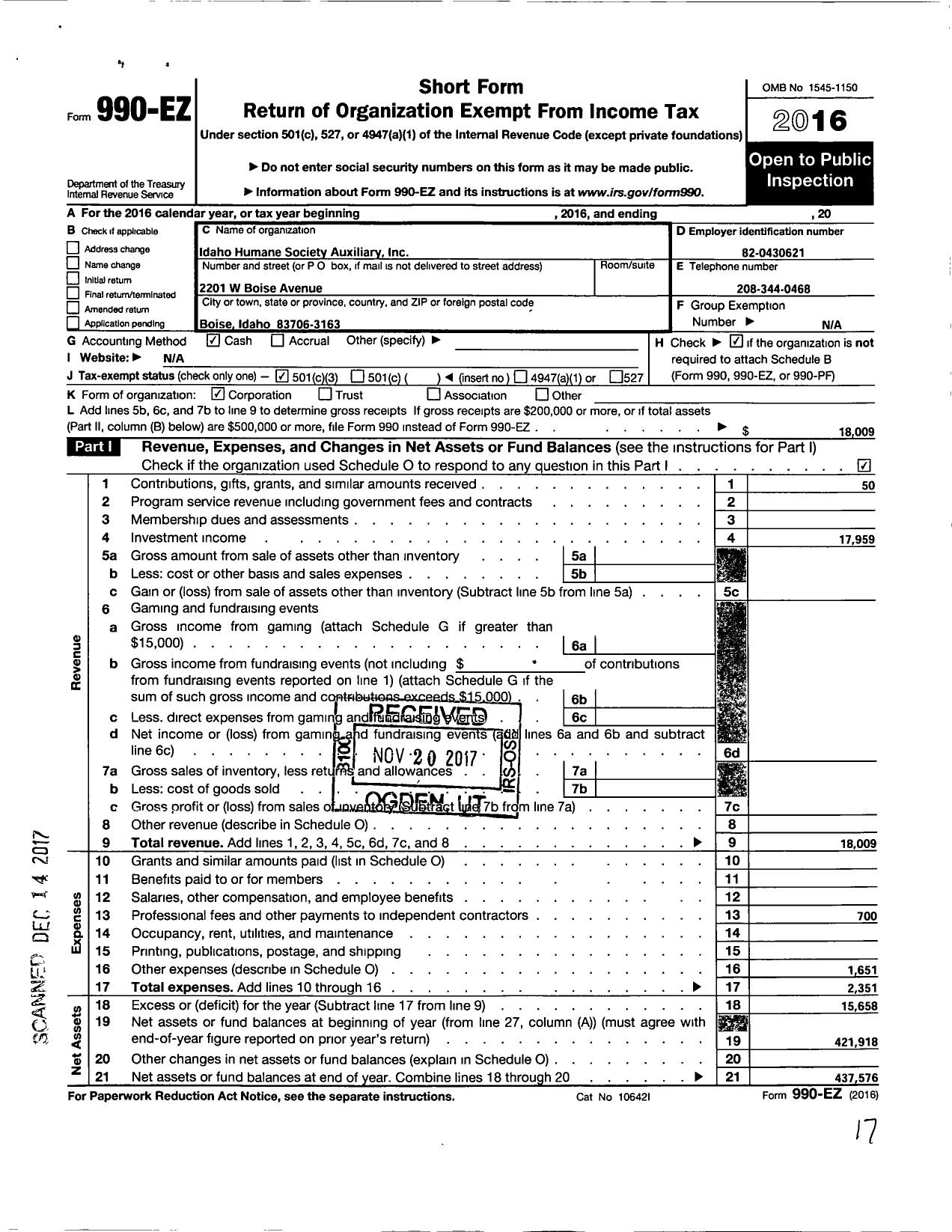 Image of first page of 2016 Form 990EZ for Idaho Humane Society Auxiliary