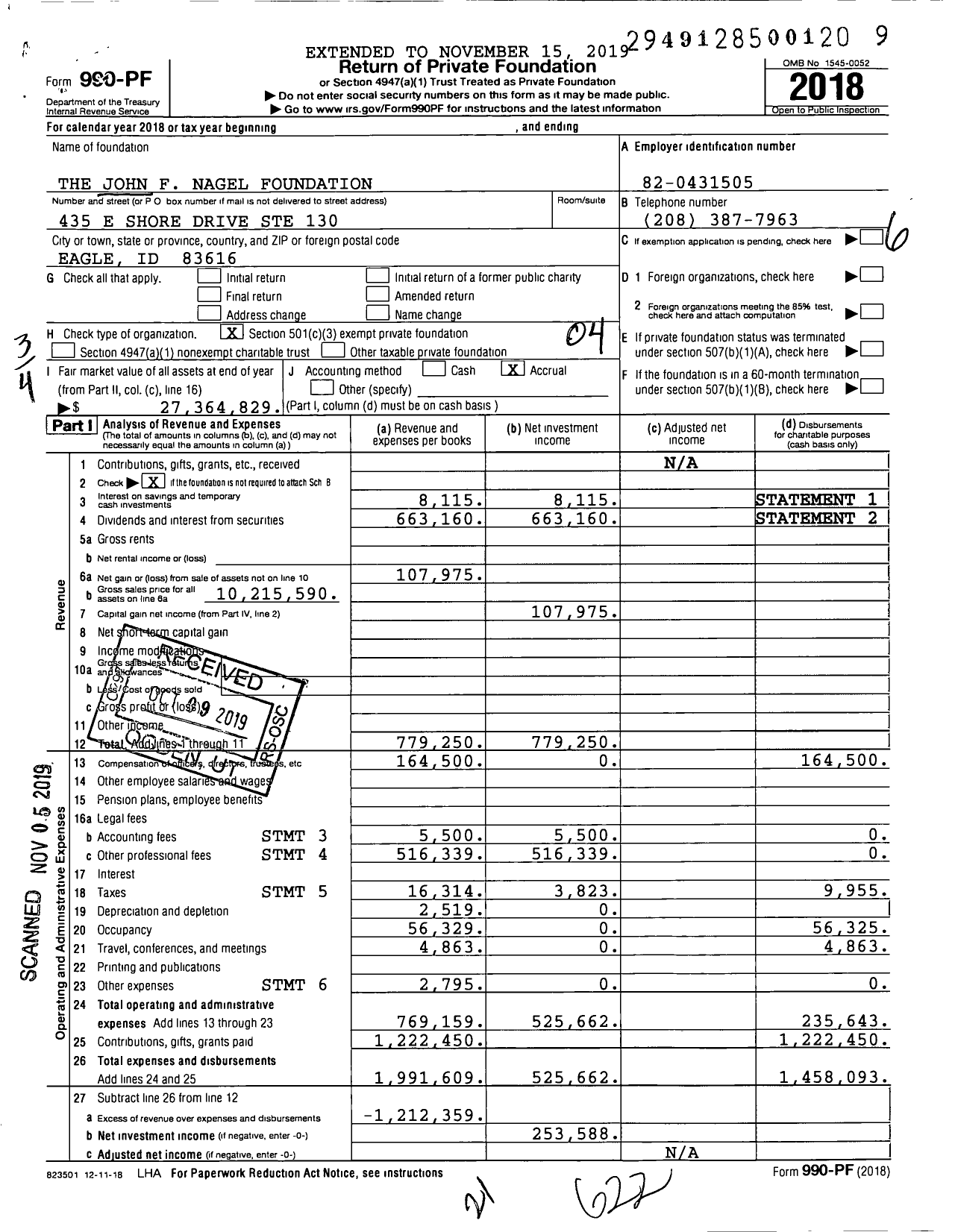 Image of first page of 2018 Form 990PF for The John F Nagel Foundation