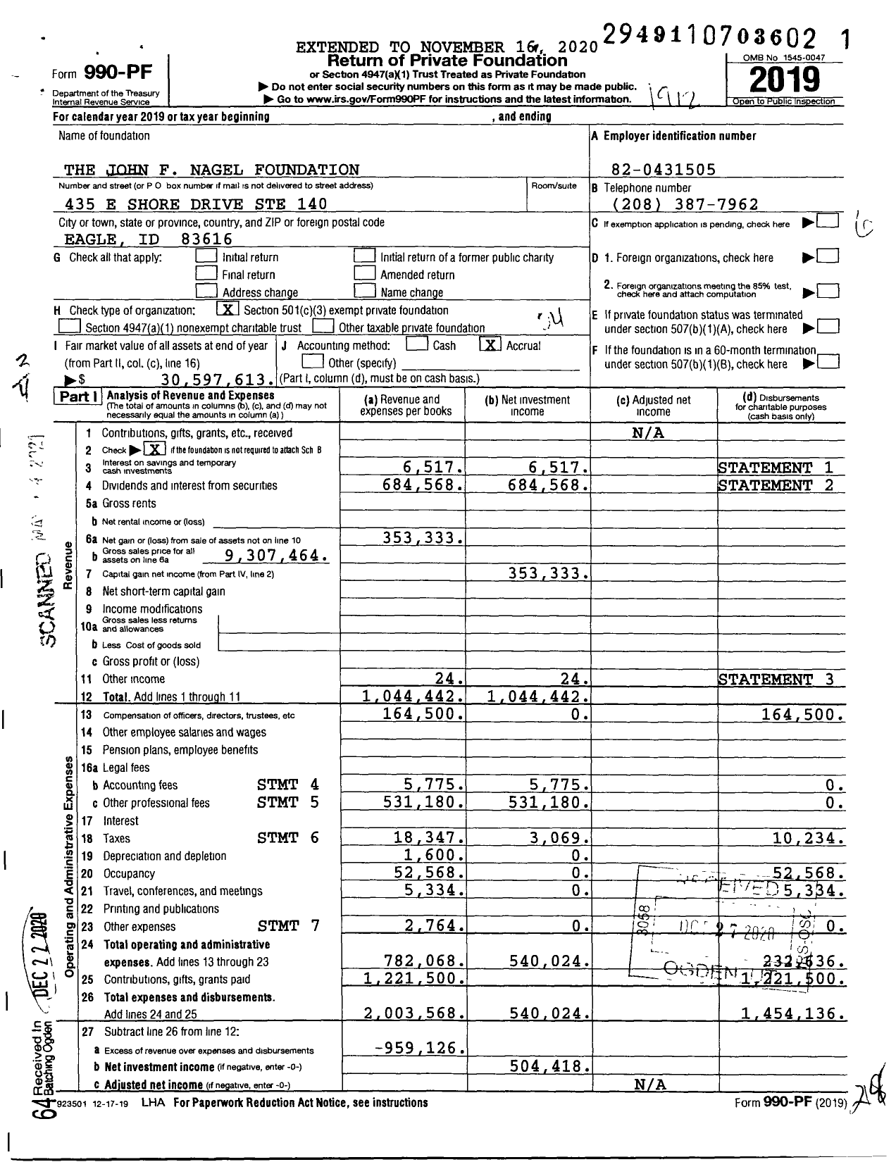 Image of first page of 2019 Form 990PF for The John F Nagel Foundation