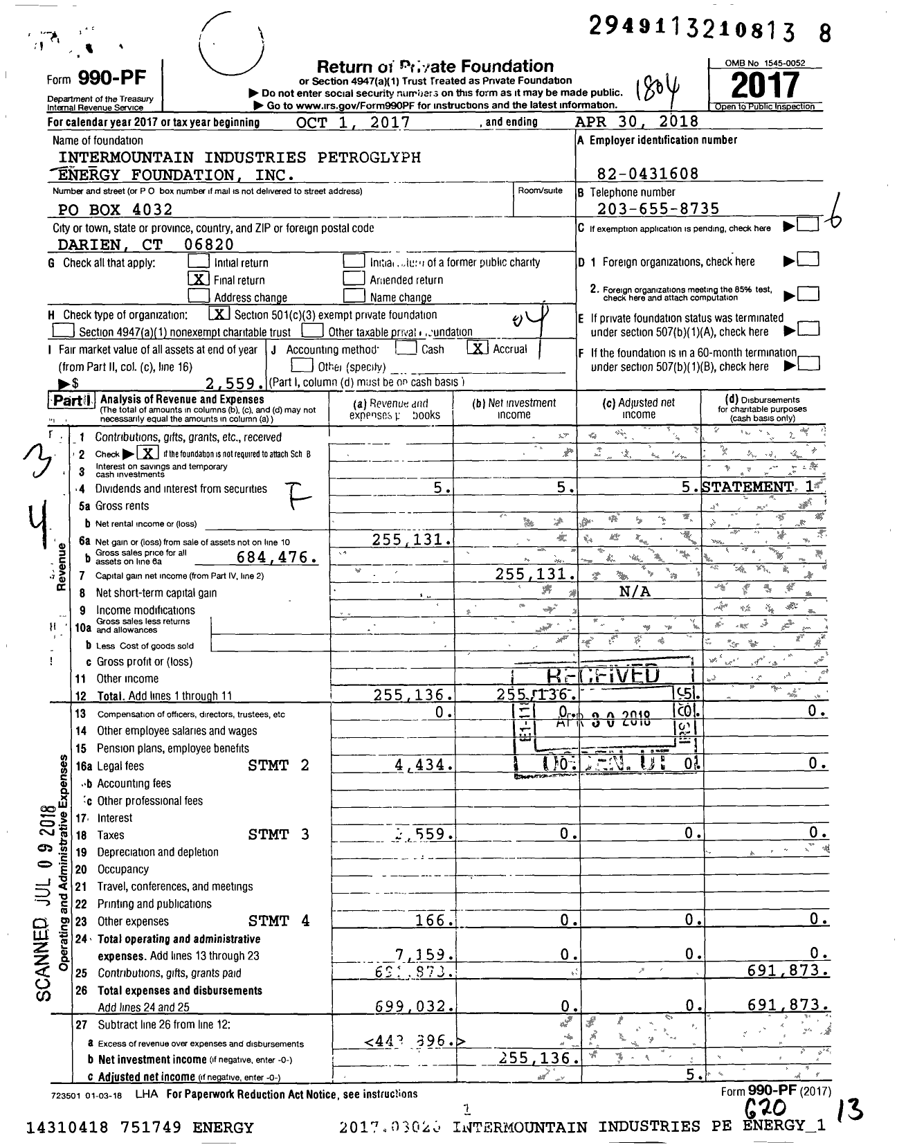 Image of first page of 2017 Form 990PF for Intermountain Industries Petroglyph Energy Foundation