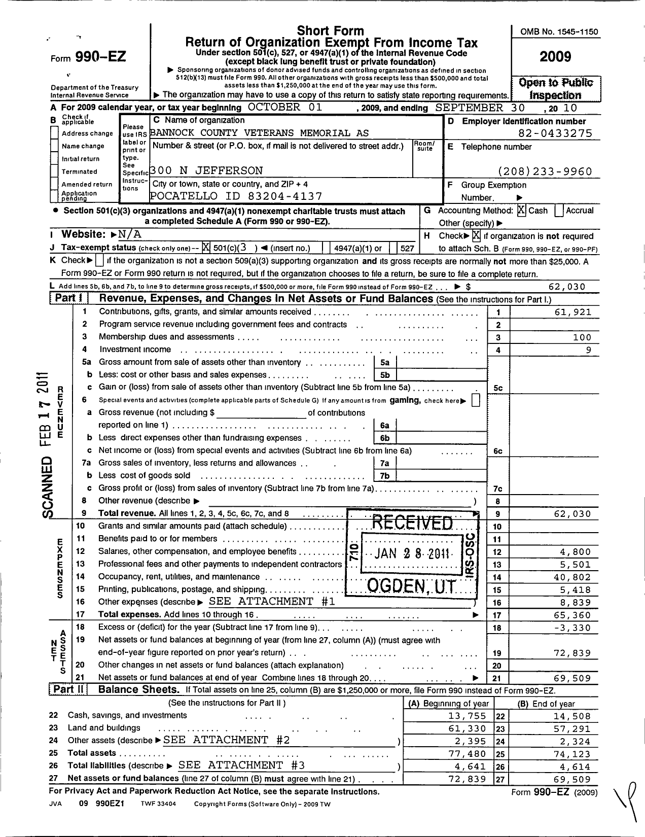 Image of first page of 2009 Form 990EZ for Bannock County Veterans Memorial Association