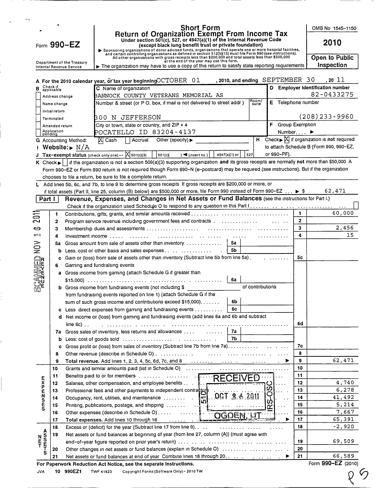 Image of first page of 2010 Form 990EZ for Bannock County Veterans Memorial Association