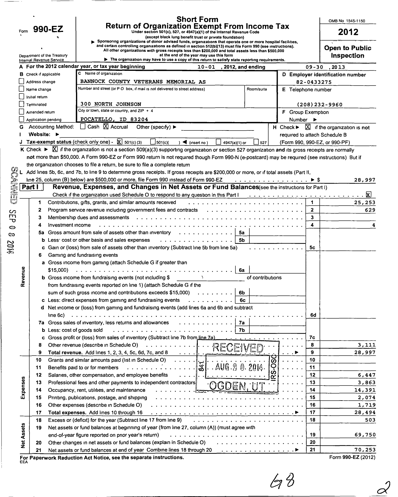 Image of first page of 2012 Form 990EZ for Bannock County Veterans Memorial Association