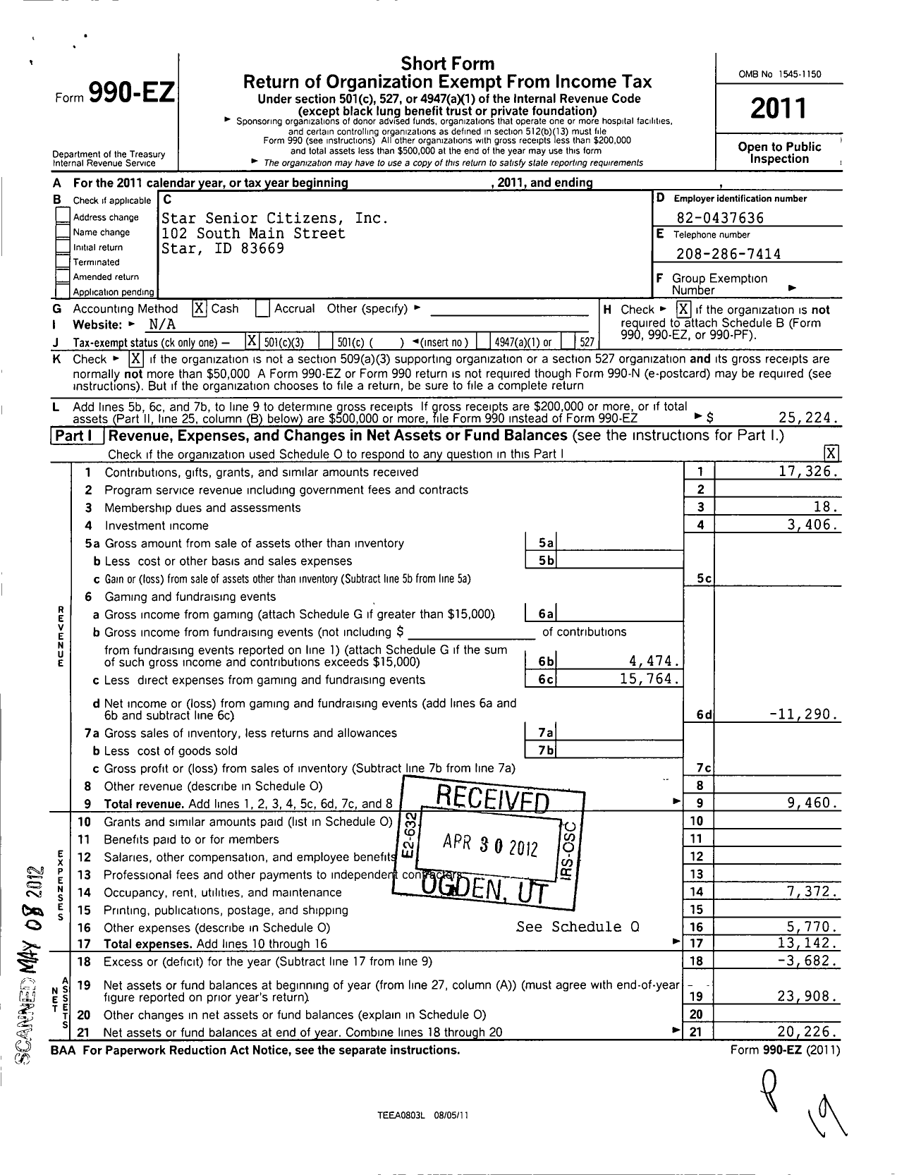 Image of first page of 2011 Form 990EZ for Star Senior Citizens