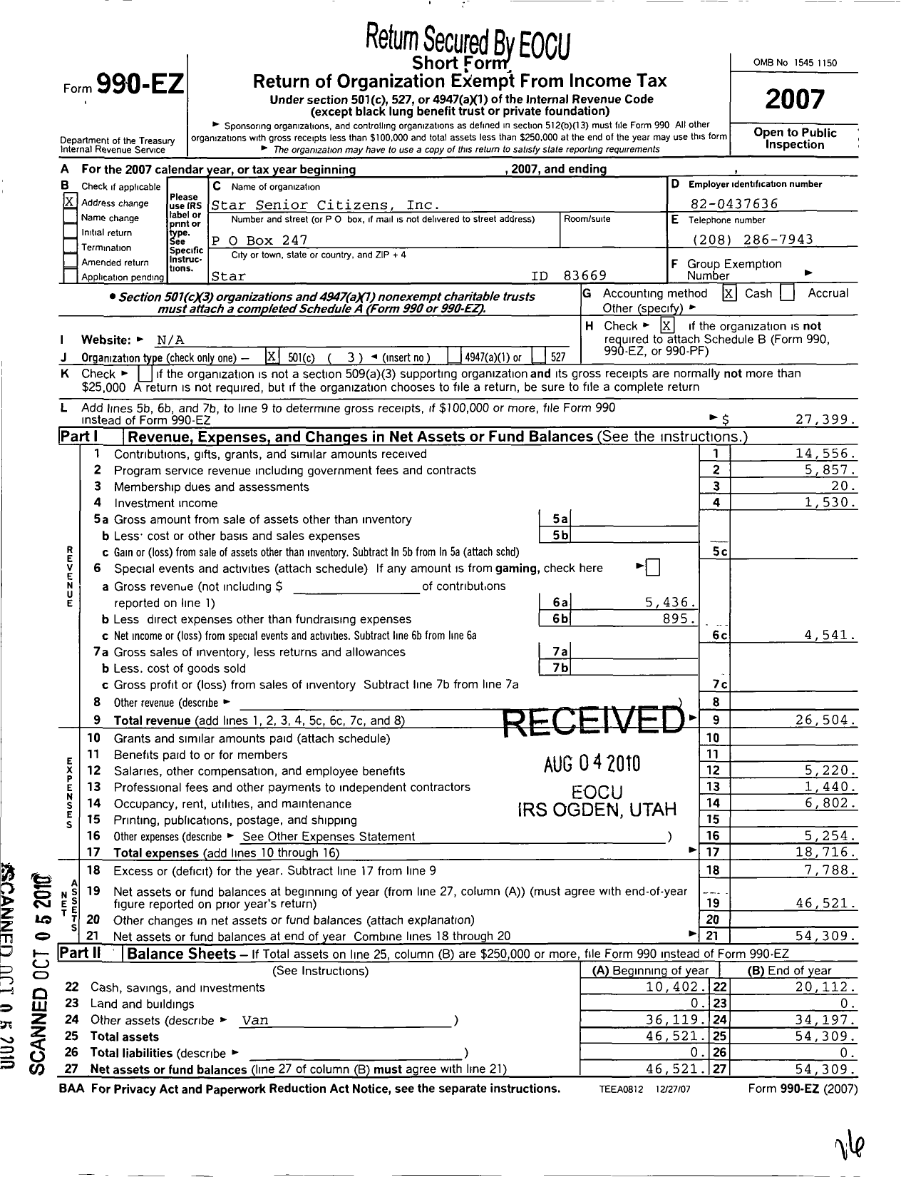 Image of first page of 2007 Form 990EZ for Star Senior Citizens