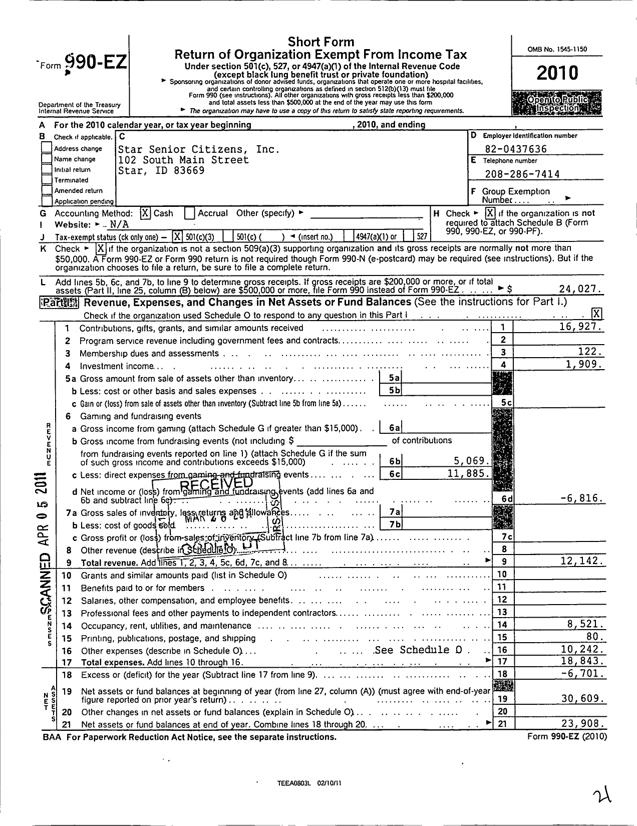 Image of first page of 2010 Form 990EZ for Star Senior Citizens