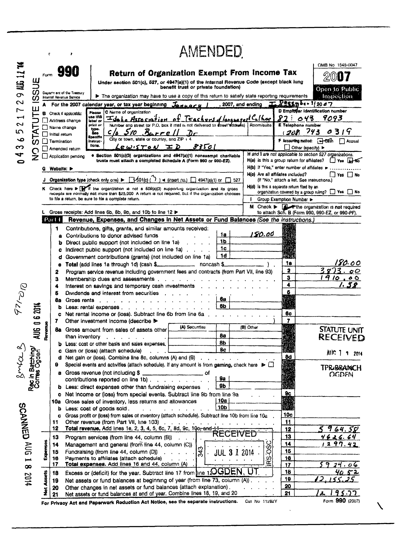 Image of first page of 2007 Form 990 for Idaho Association of Teachers of Languages and Cultures