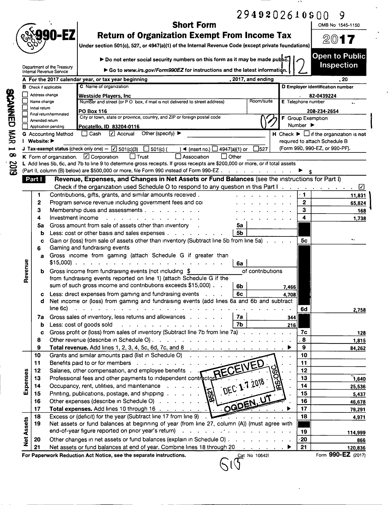 Image of first page of 2017 Form 990EZ for Westside Players Incorporated