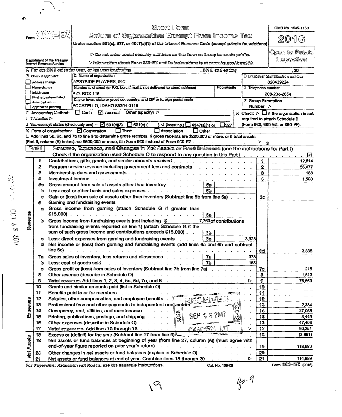 Image of first page of 2016 Form 990EZ for Westside Players Incorporated