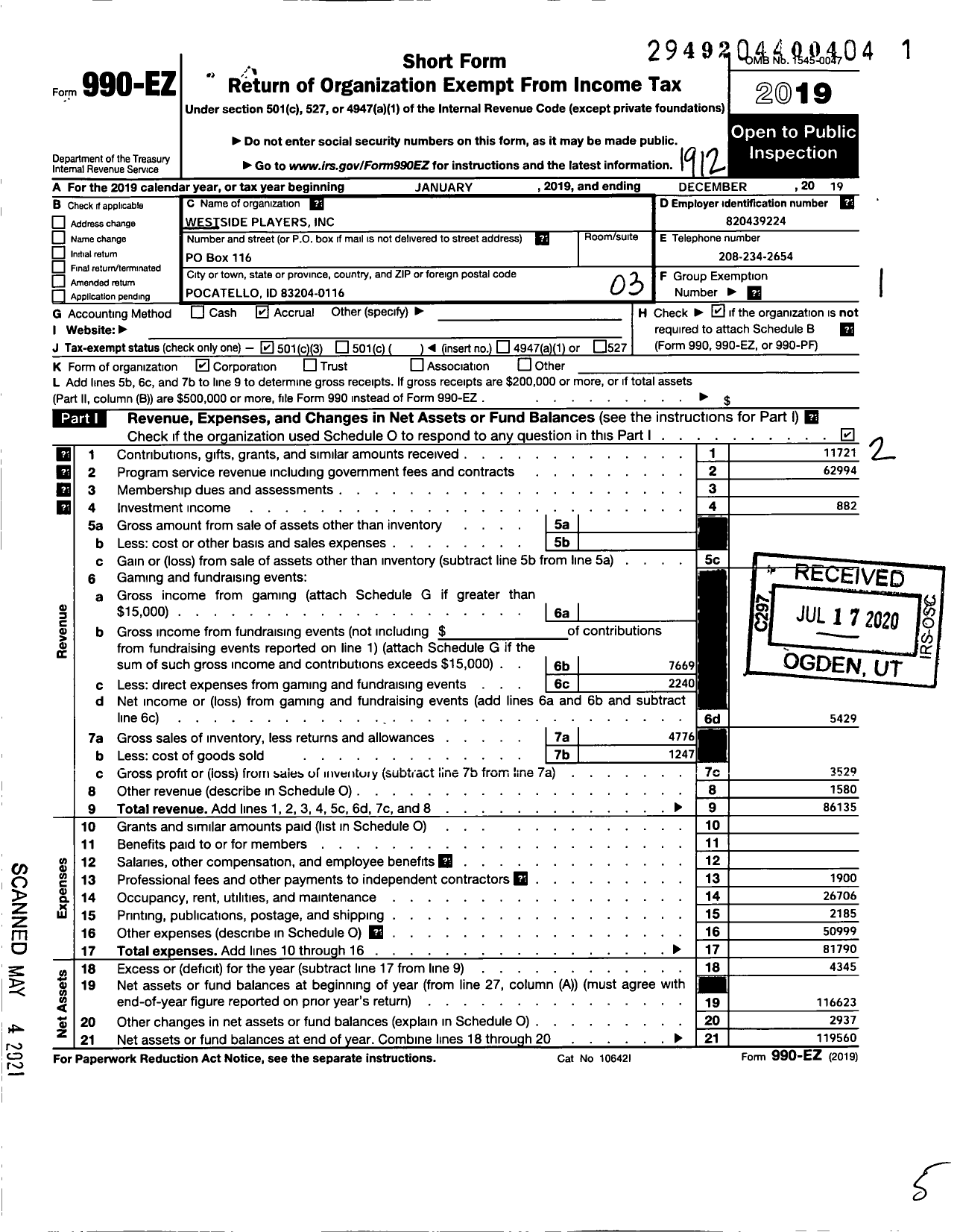 Image of first page of 2019 Form 990EZ for Westside Players Incorporated