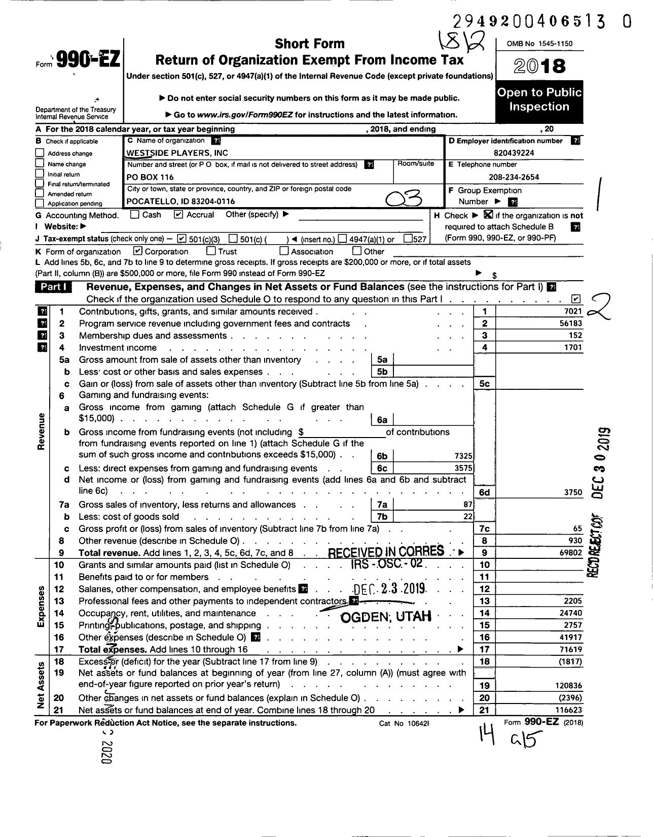 Image of first page of 2018 Form 990EZ for Westside Players Incorporated