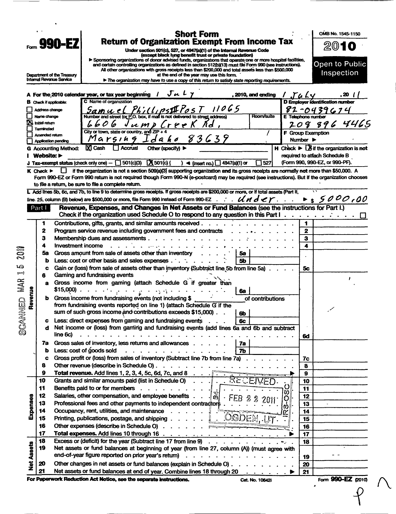 Image of first page of 2010 Form 990EO for Veterans of Foreign Wars of the United States Dept of Idaho - 11065 Samuel Phillips Iii VFW Post