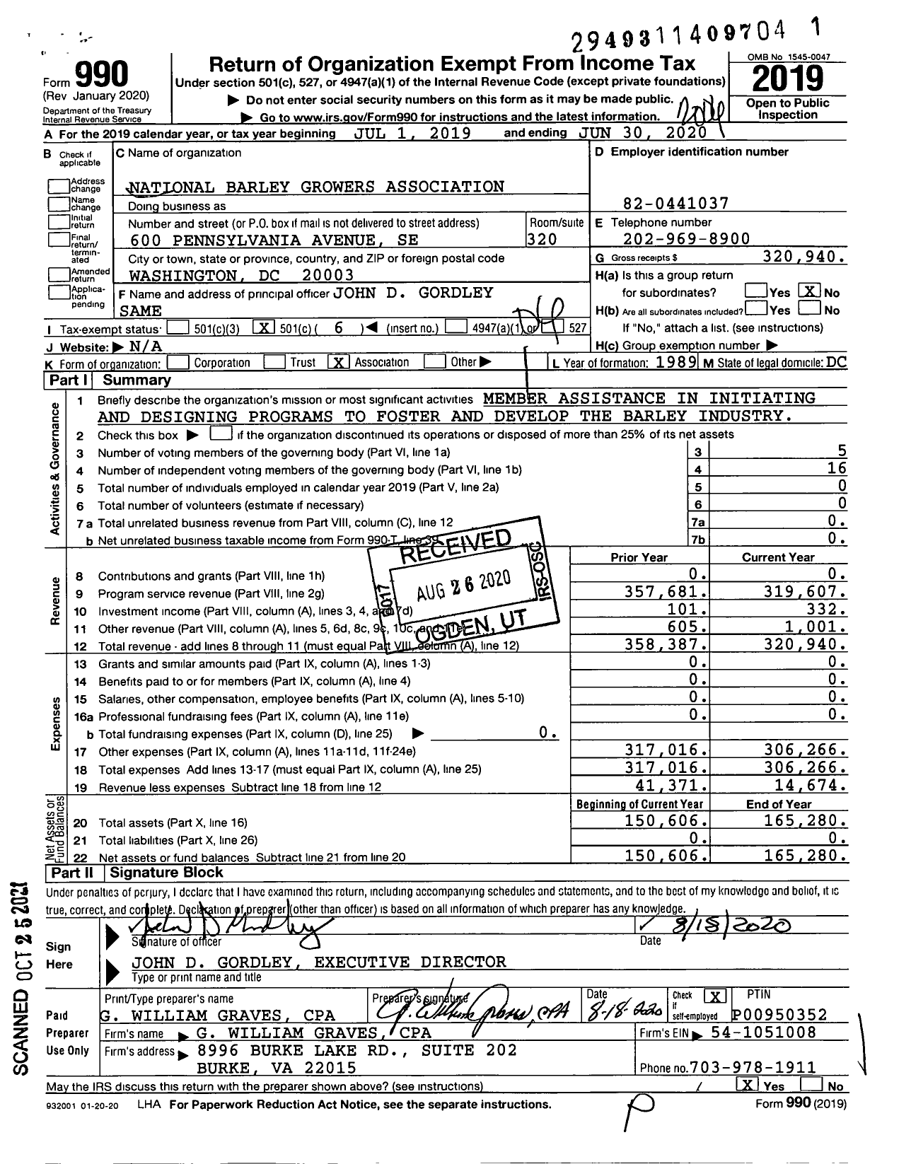 Image of first page of 2019 Form 990O for National Barley Growers Association