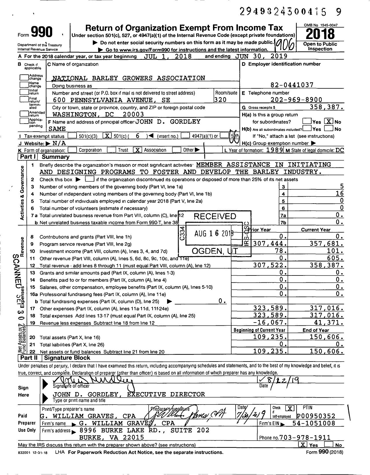 Image of first page of 2018 Form 990O for National Barley Growers Association