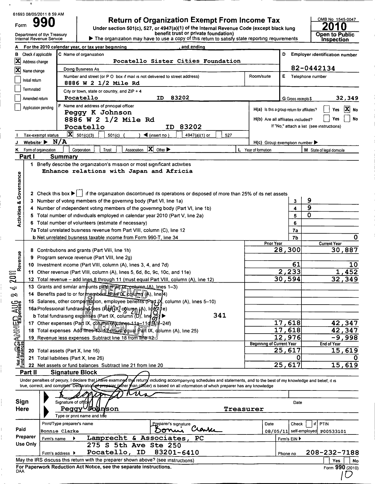 Image of first page of 2010 Form 990 for Sister Cities Foundation of Pocatello