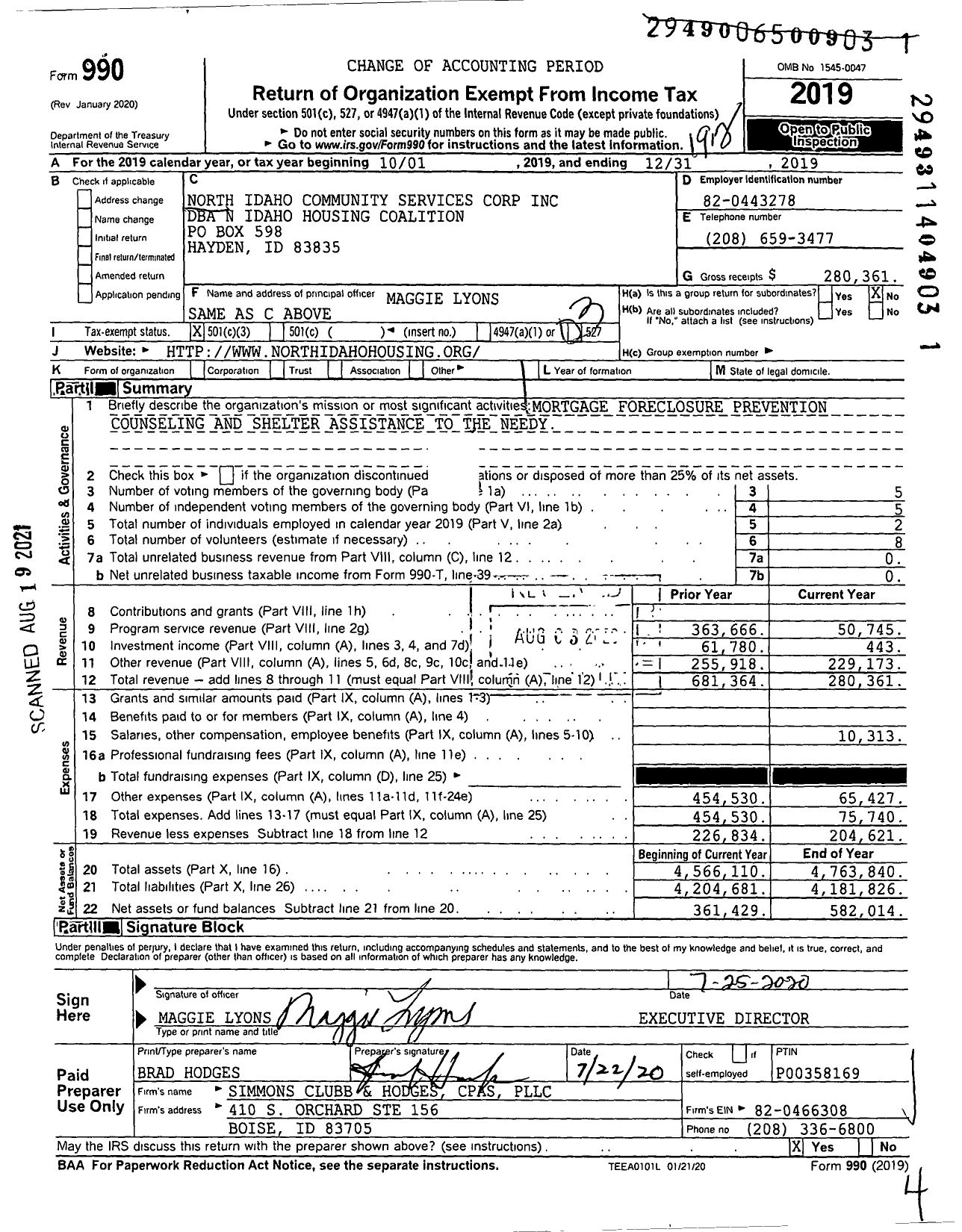 Image of first page of 2019 Form 990 for North Idaho Community Services