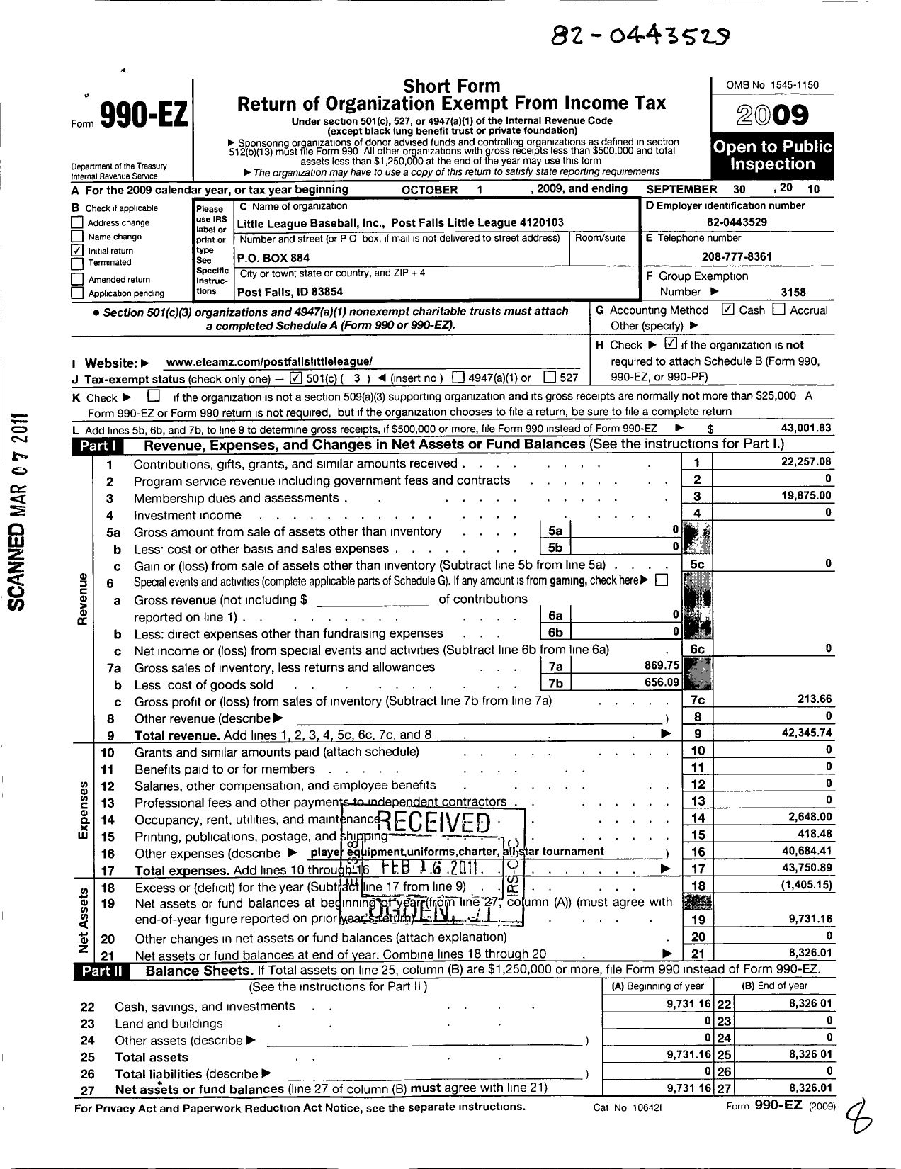 Image of first page of 2009 Form 990EZ for Little League Baseball - 4120103 Post Falls LL