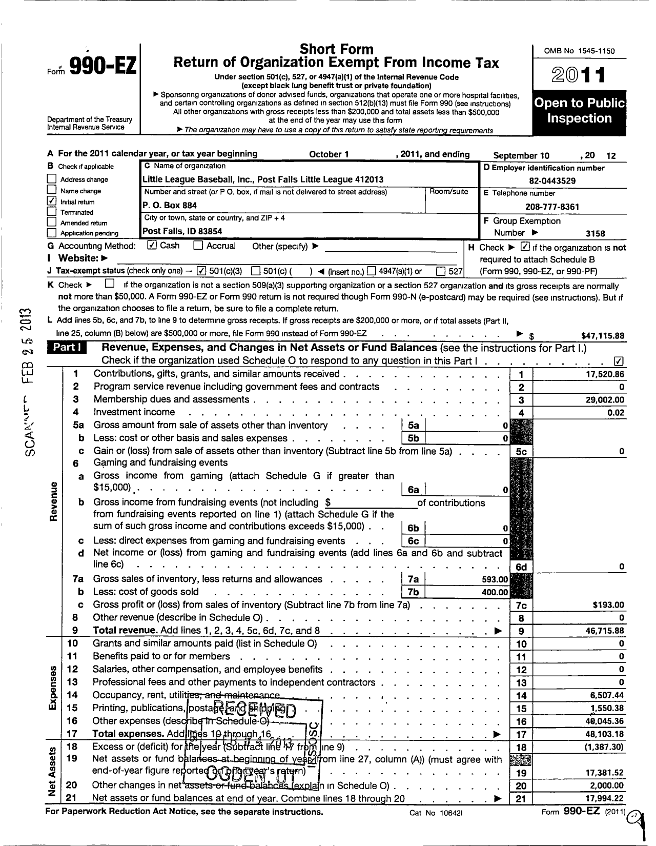 Image of first page of 2011 Form 990EZ for Little League Baseball - 4120103 Post Falls LL