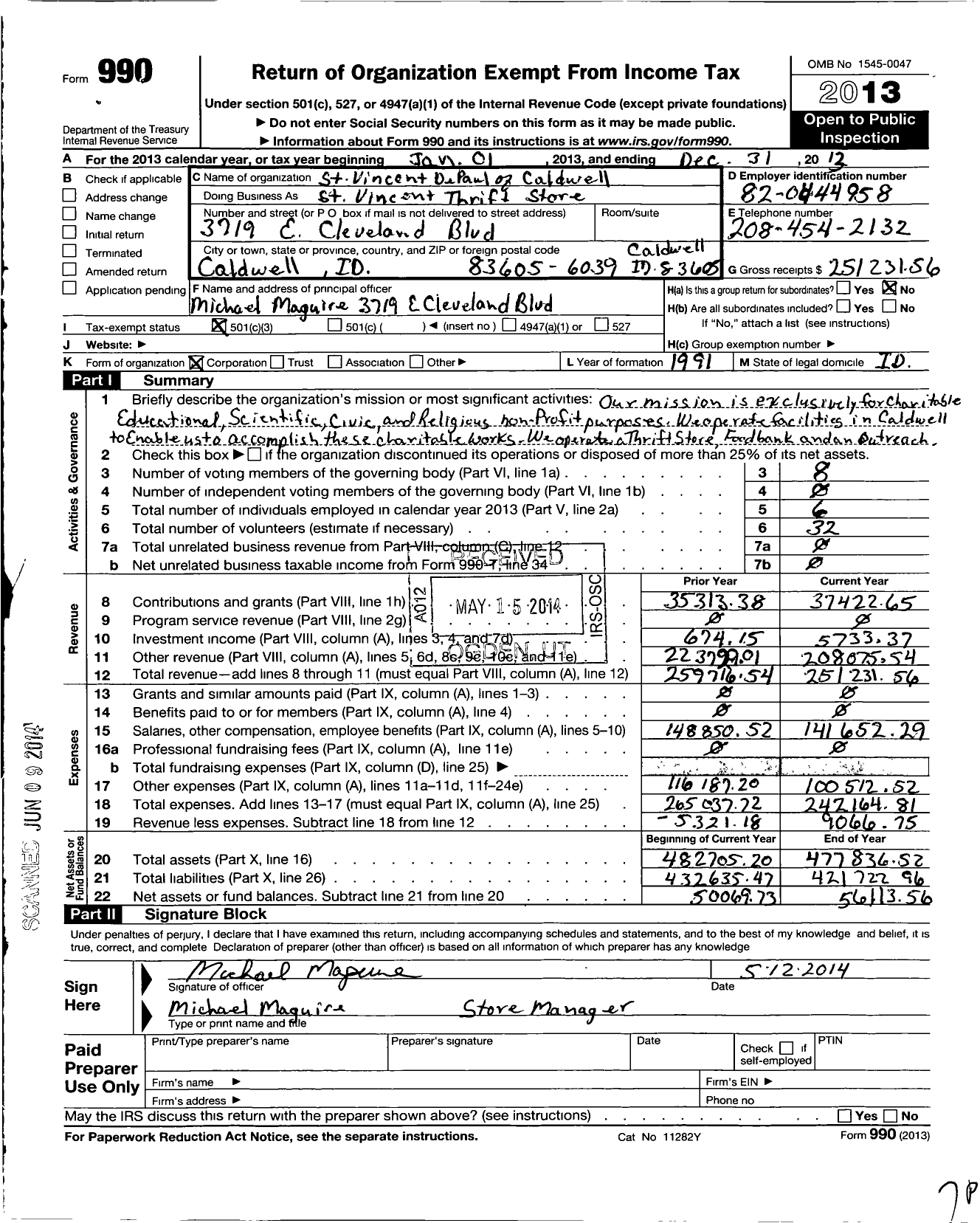 Image of first page of 2013 Form 990 for St Vincent de Paul of Caldwell