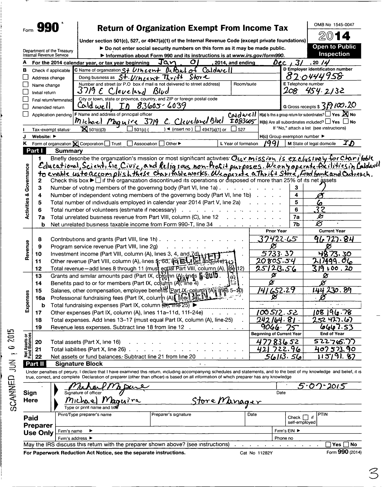 Image of first page of 2014 Form 990 for St Vincent de Paul of Caldwell